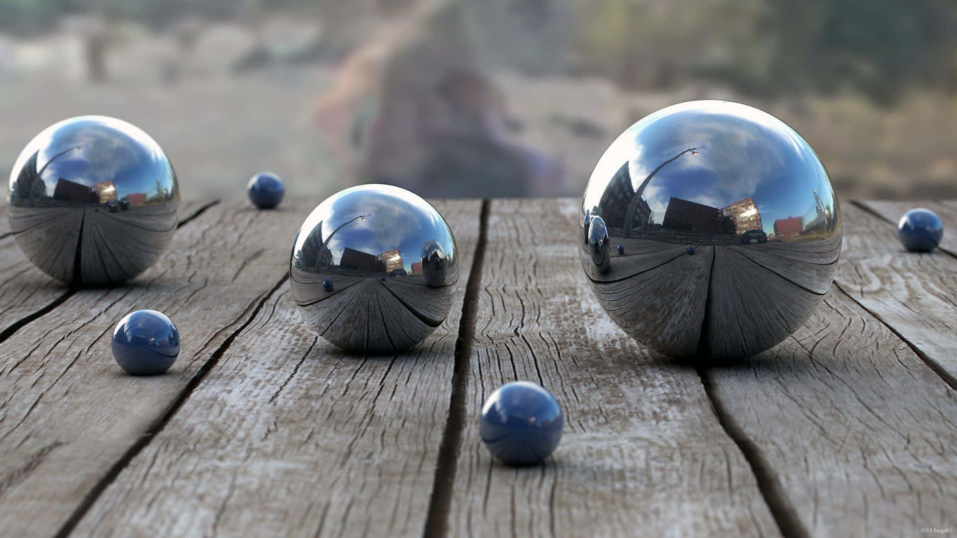 reflective spheres, shiny chrome, cloudy sky, Full HD Desktop Wallpaper