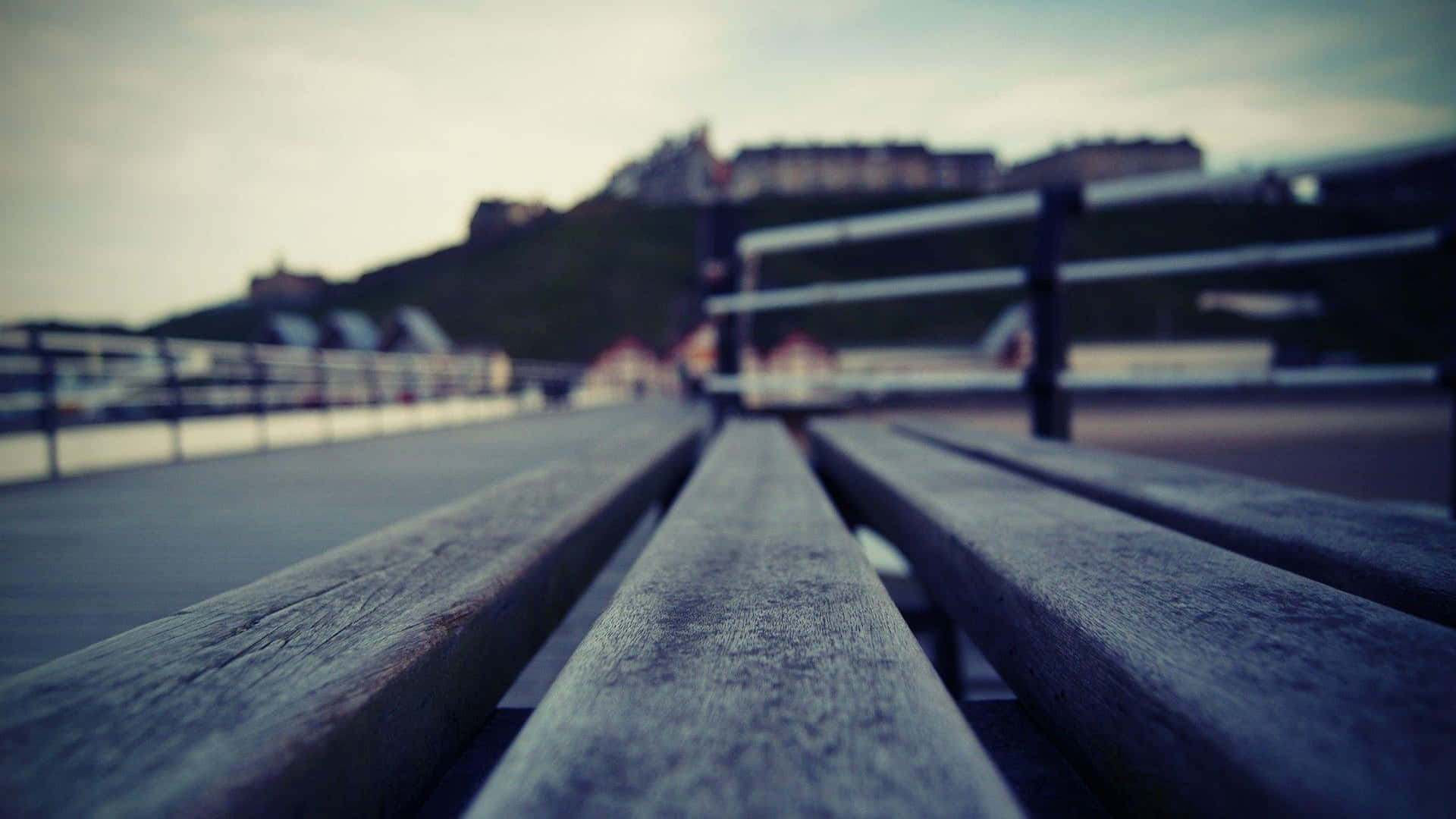 wooden bench, weathered wooden bench planks, waterfront buildings, Full HD Desktop Wallpaper