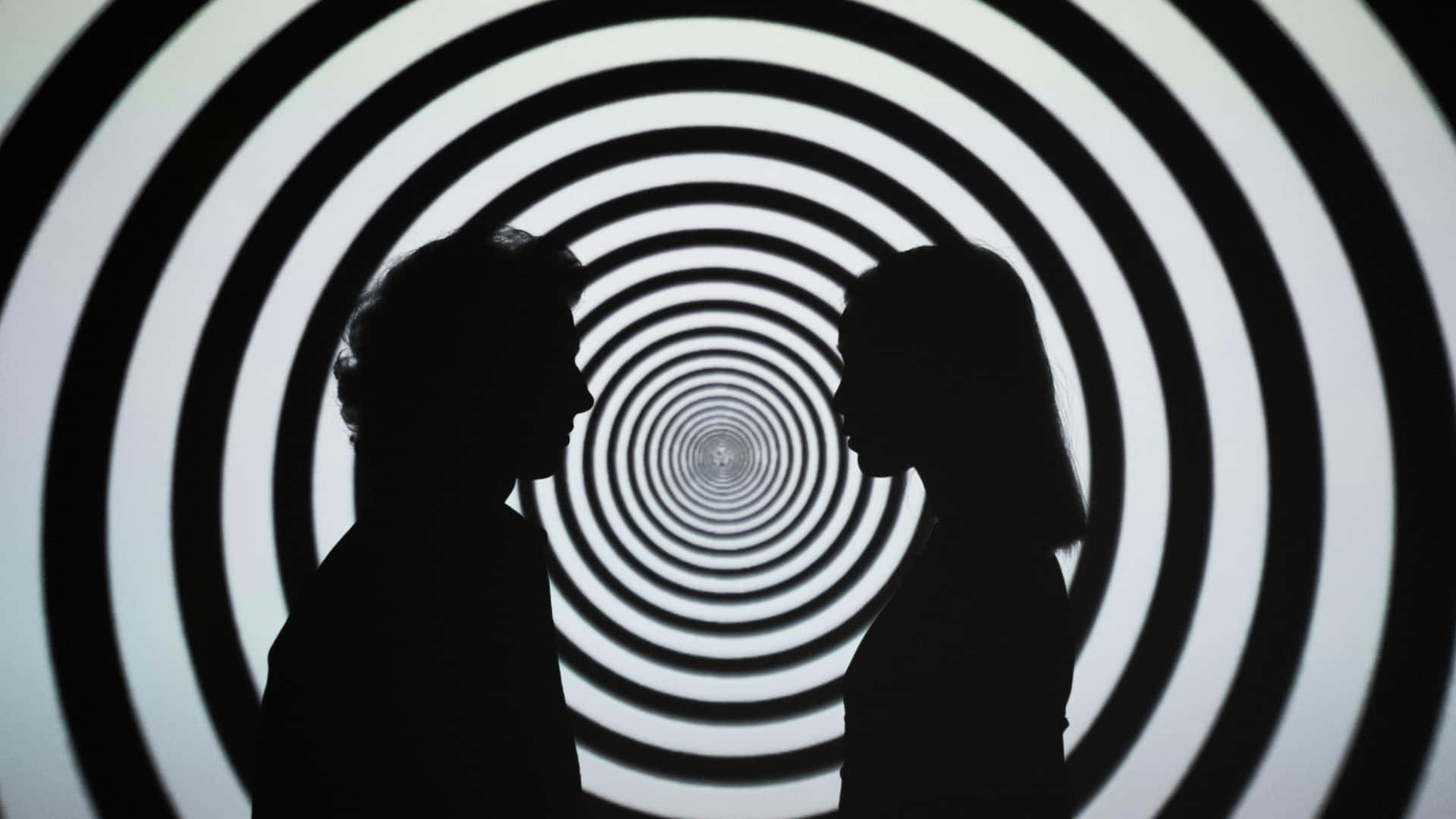 hypnotic black and white spiral tunnel, silhouetted figures, black and white, Full HD Desktop Wallpaper