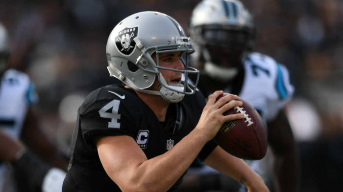 Derek Carr, black jersey, silver helmet, SD Desktop Wallpaper