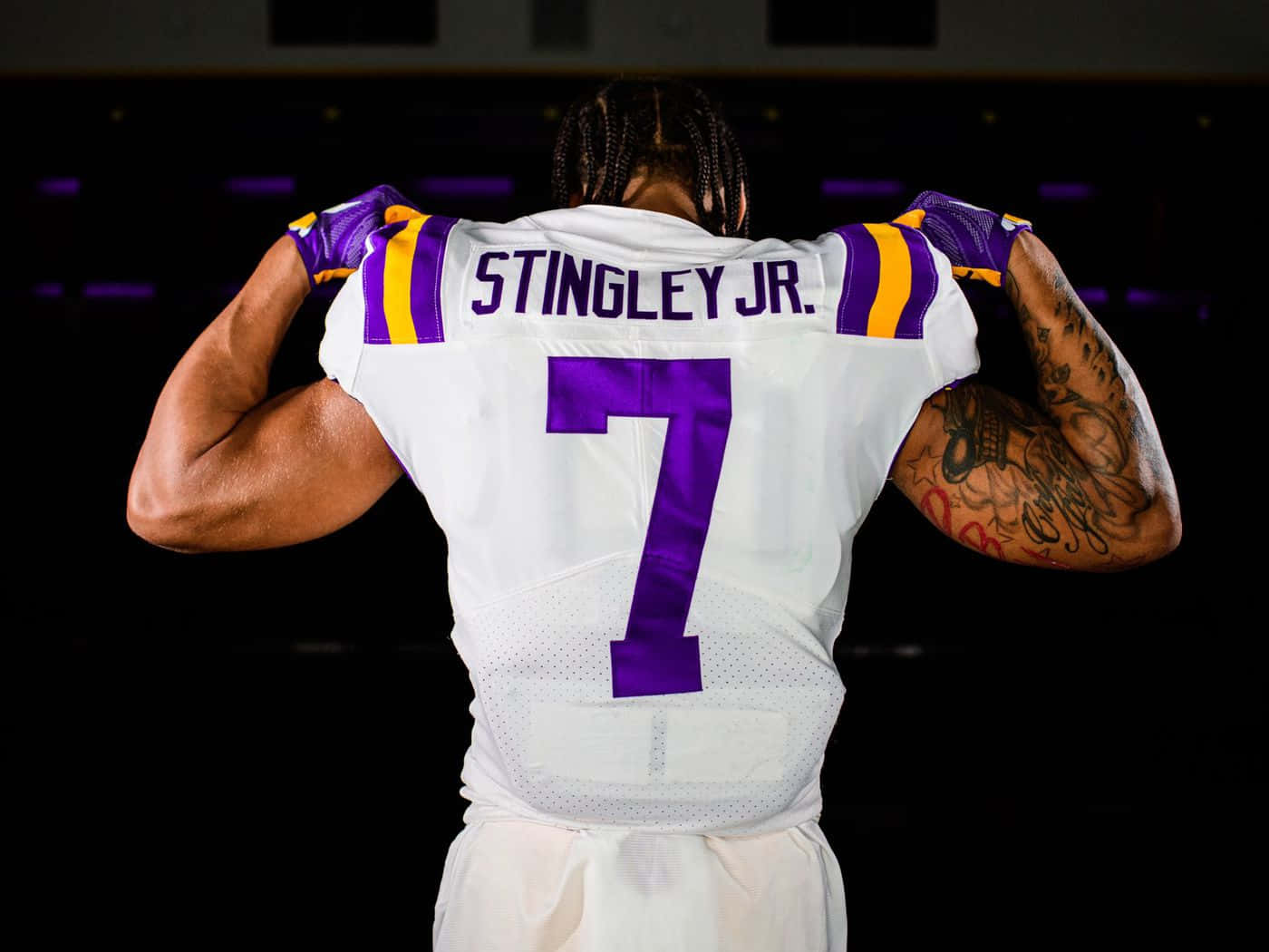 Derek Stingley Jr, white jersey, purple number 7, HD Desktop Wallpaper
