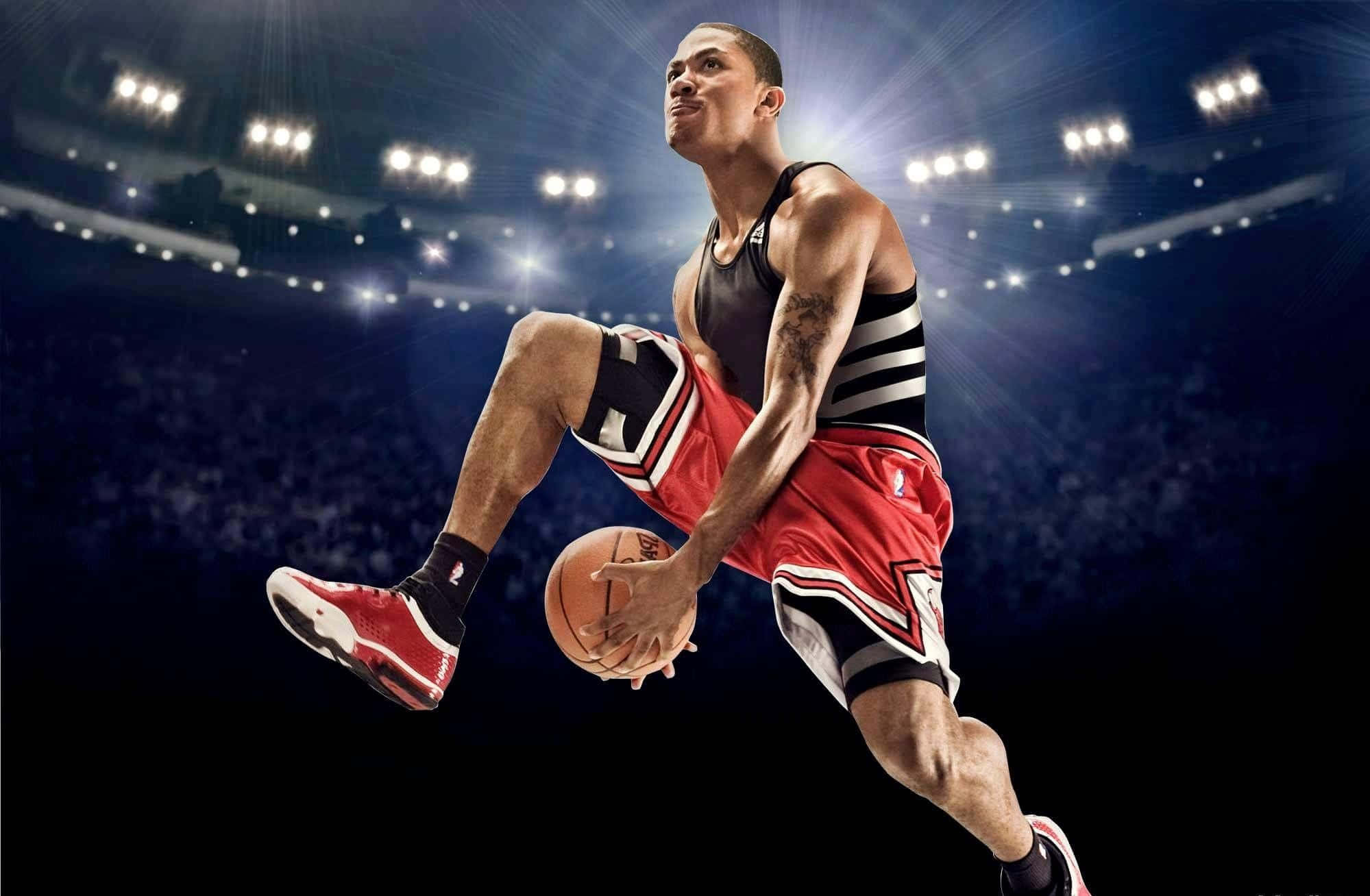 Derrick Rose, red and black uniform, basketball player, Full HD Desktop Wallpaper