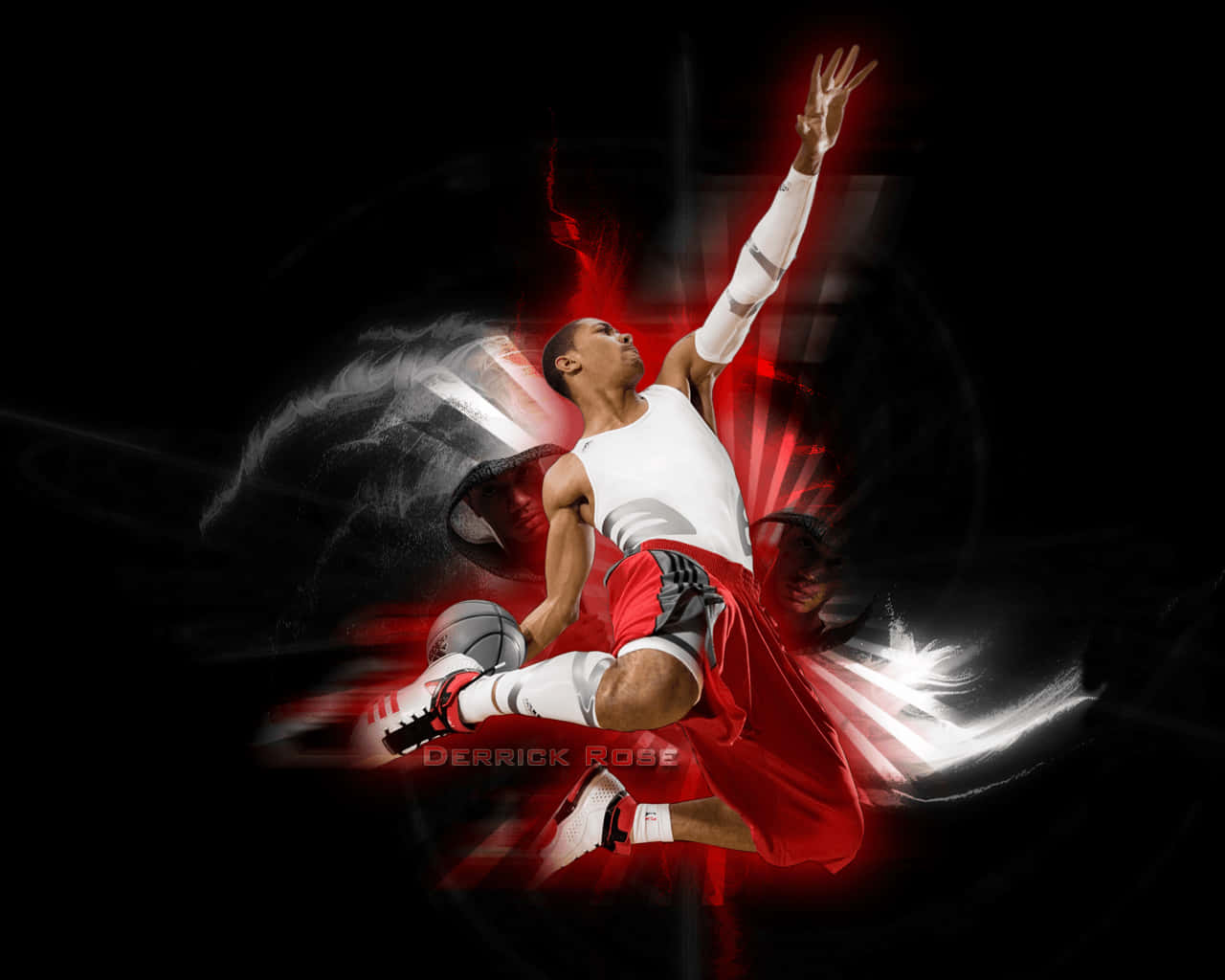 Derrick Rose, red and white energy bursts, dark background, HD Desktop Wallpaper