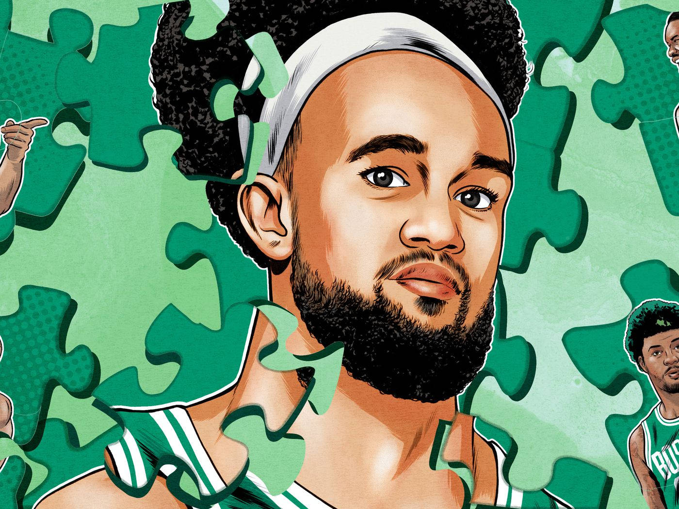 Derrick White, green puzzle pieces, green and white jersey, HD Desktop Wallpaper