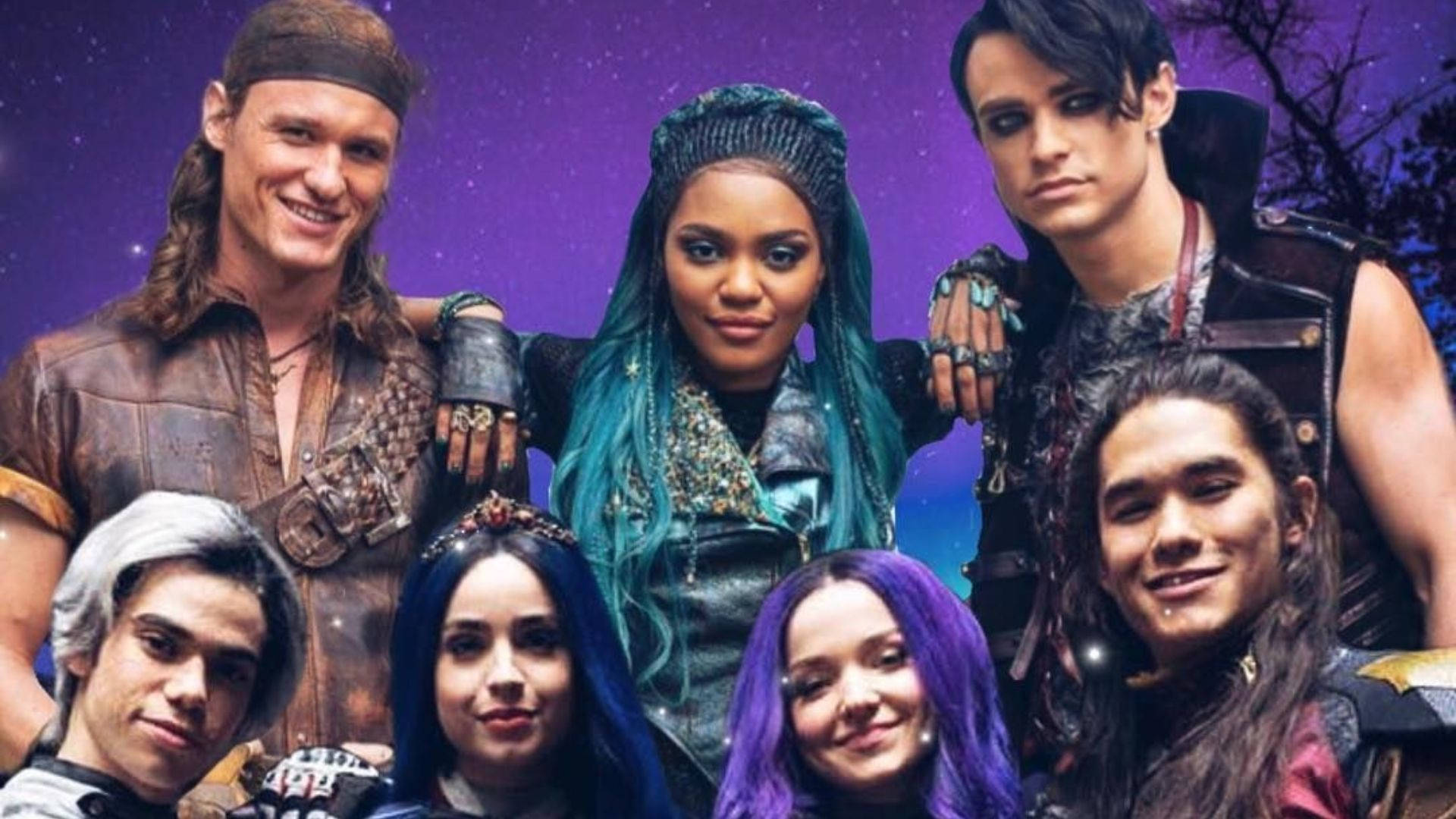 Descendants 2, main cast, starry purple night sky, Full HD Desktop Wallpaper
