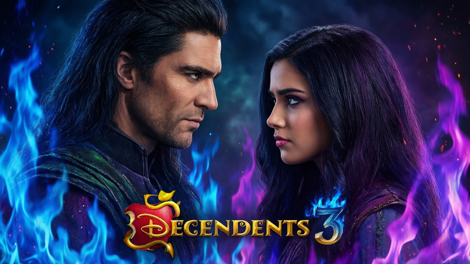 Descendants 3, blue and purple flames, logo, Full HD Desktop Wallpaper