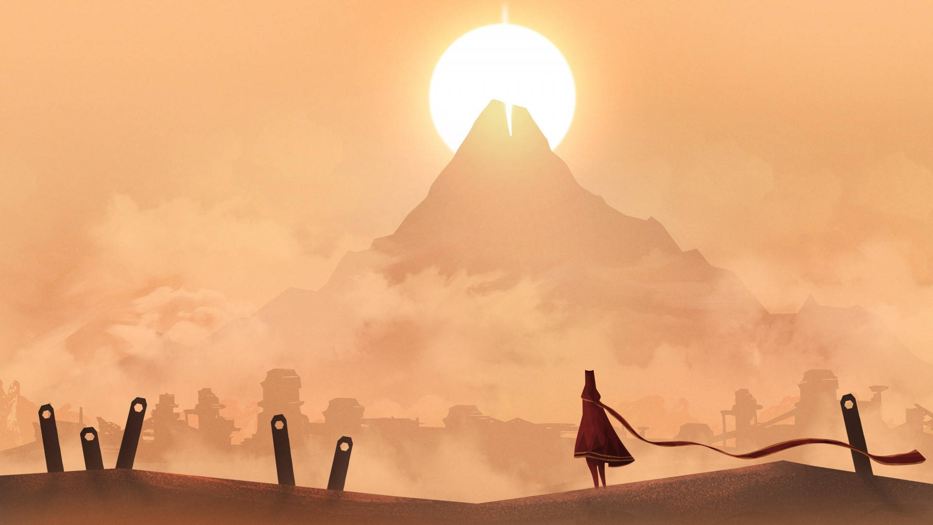 fantasy desert sun, flowing red robe, misty mountain peak, Full HD Desktop Wallpaper
