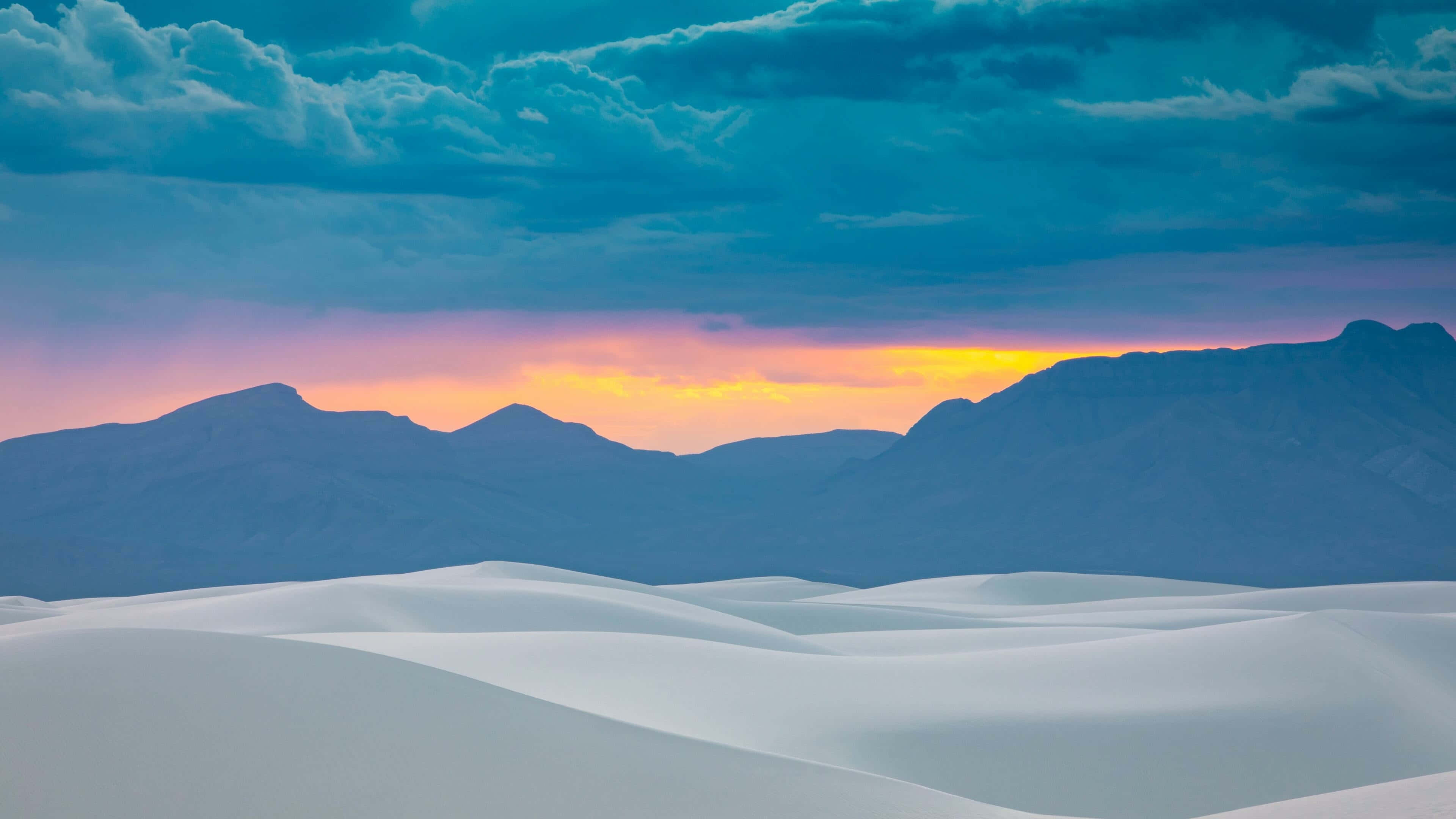 Desert Dunes Sunset Silhouette, white sand dunes, teal clouds, 4K Desktop Wallpaper