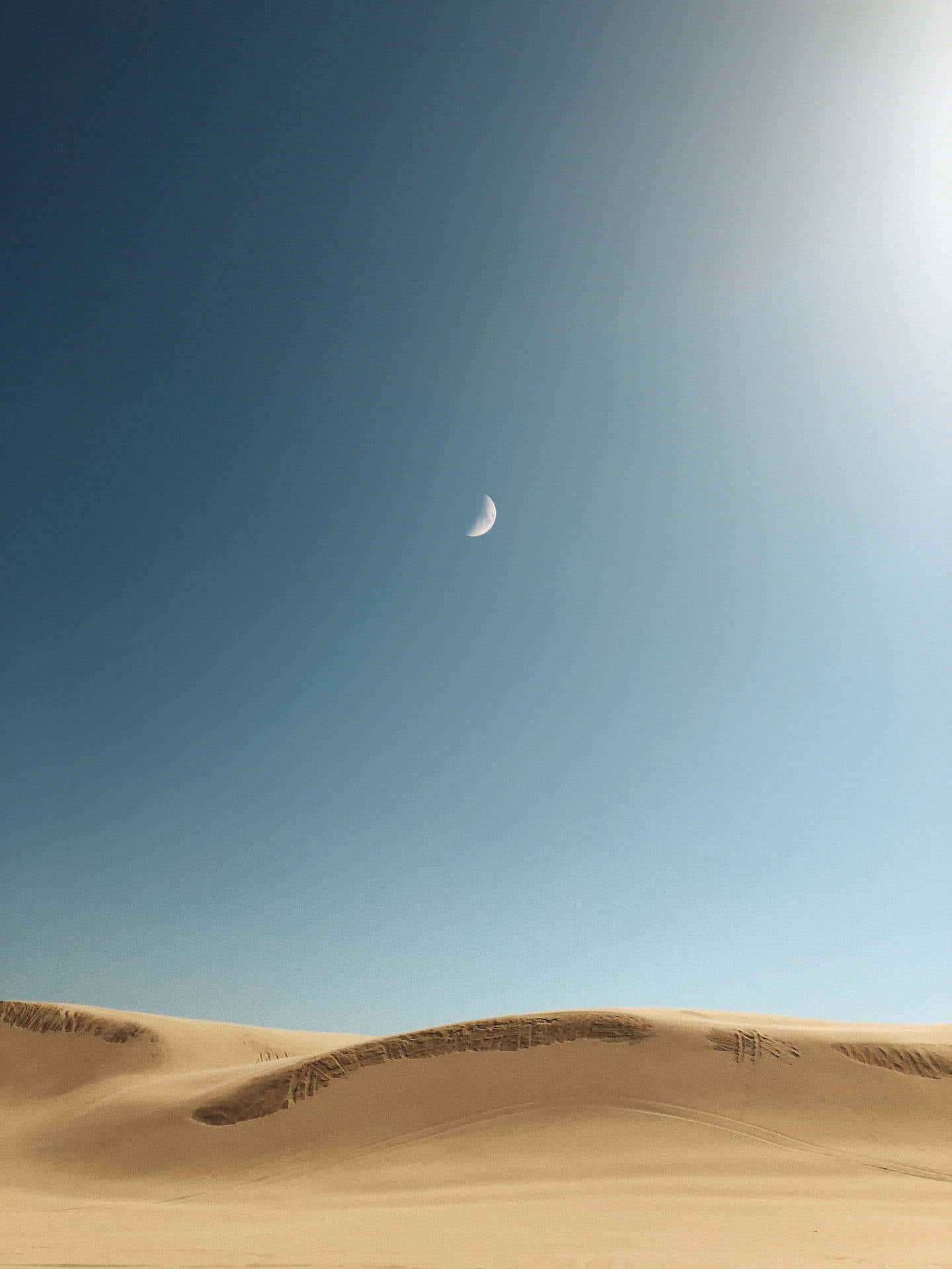 crescent moon, golden sand dunes, clear blue sky, Full HD Phone Wallpaper