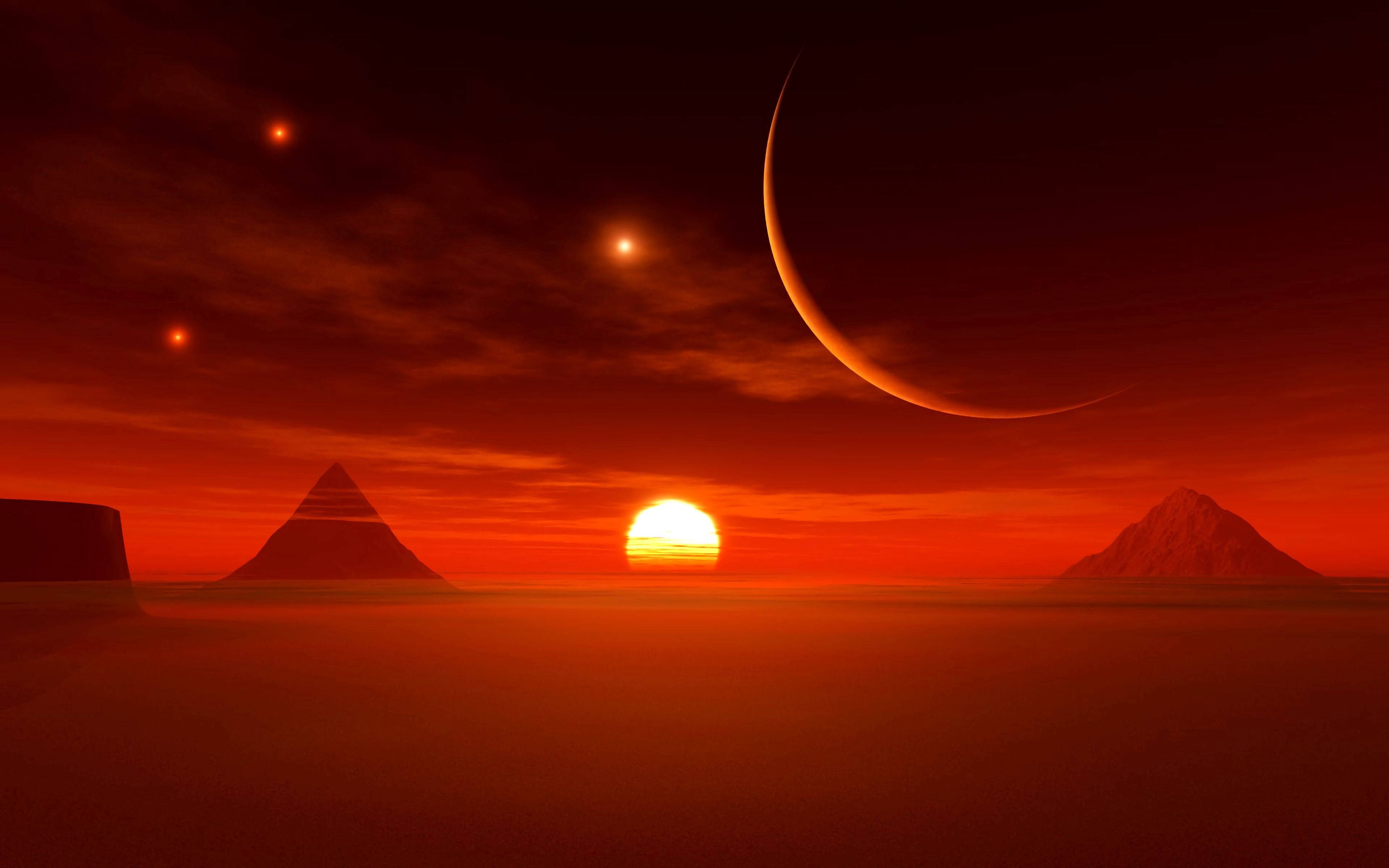 desert pyramid, mountain peaks, crescent moon, 4K Desktop Wallpaper