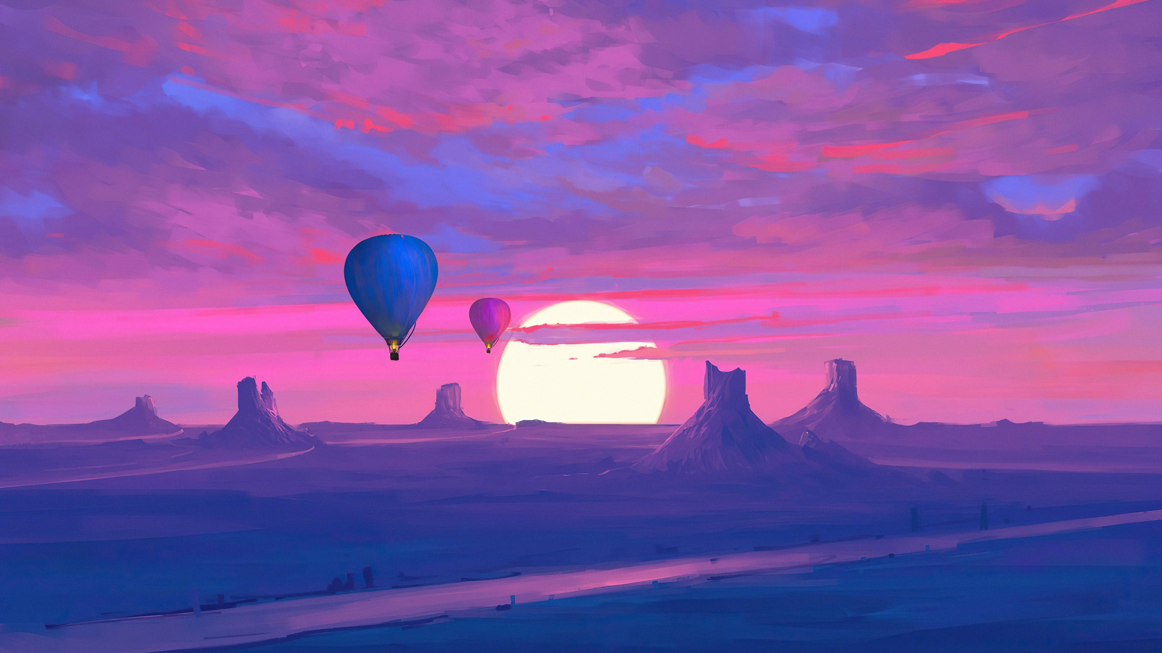 Desert Sun, hot air balloons, desert canyon, 4K Desktop Wallpaper