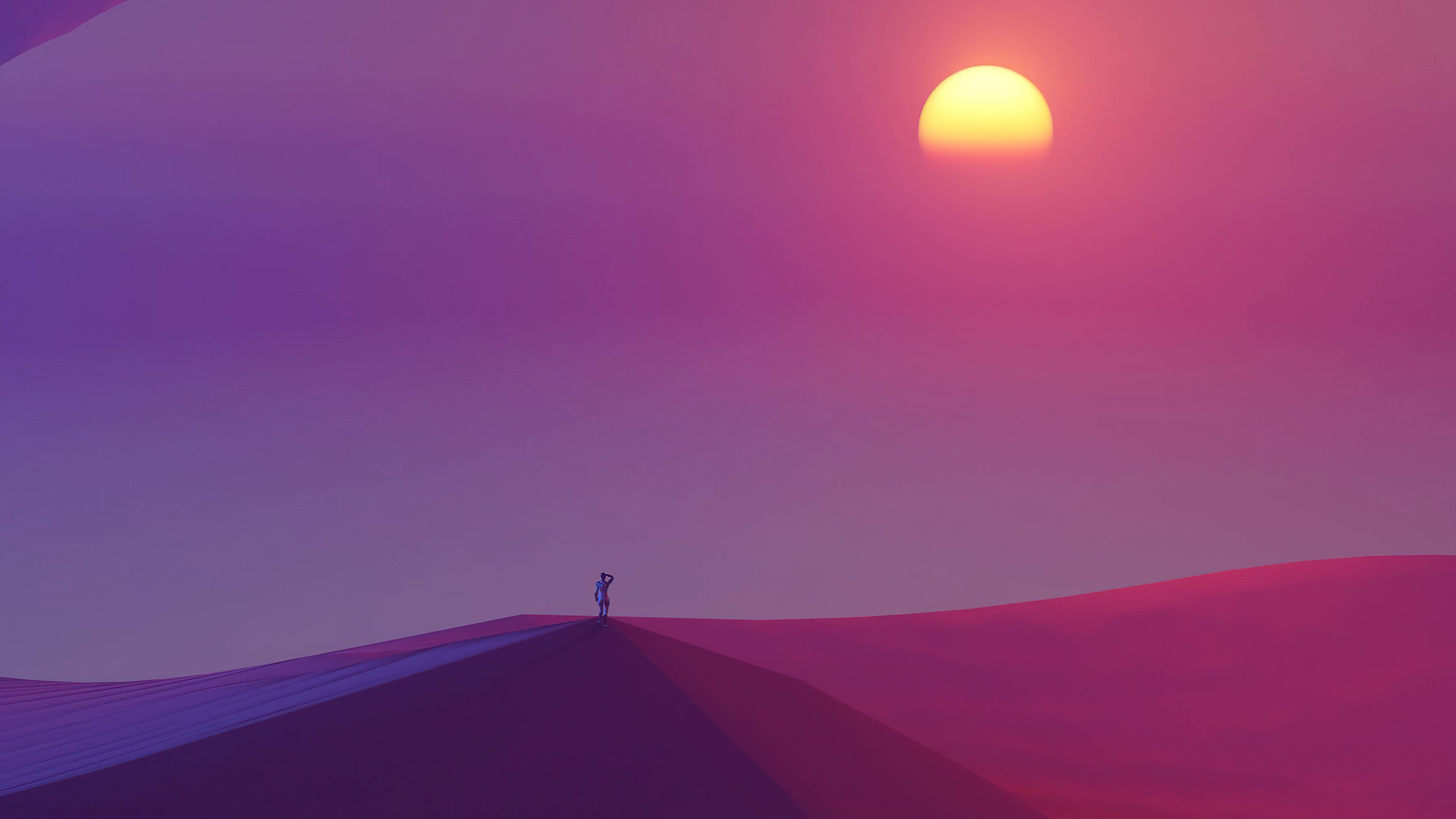 Desert Sun, purple and pink dune, glowing orange sun, 5K Desktop Wallpaper