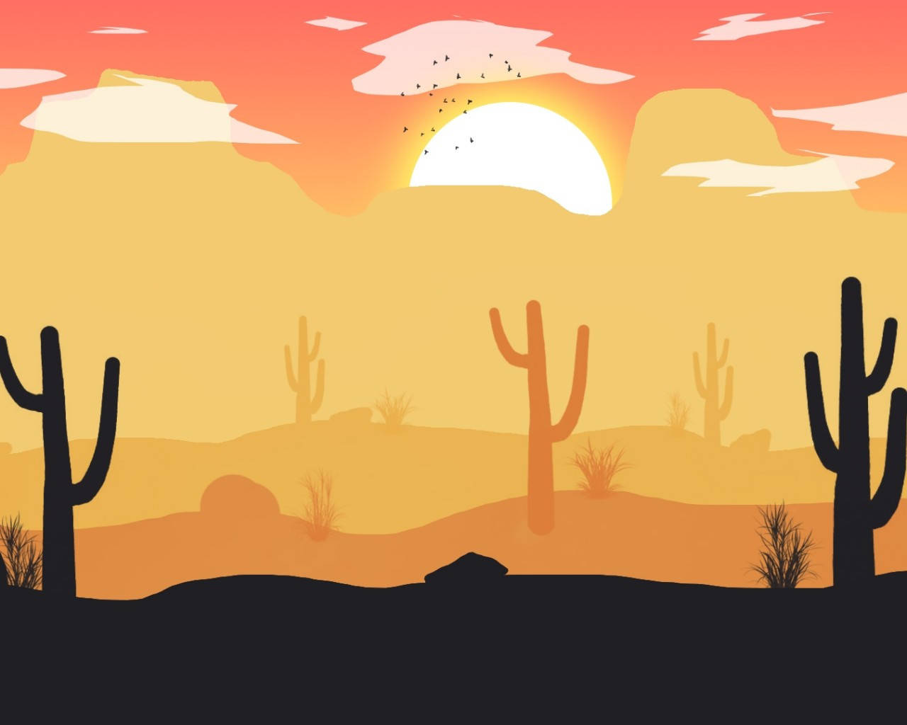 Desert Sun, cacti, birds, HD Desktop Wallpaper
