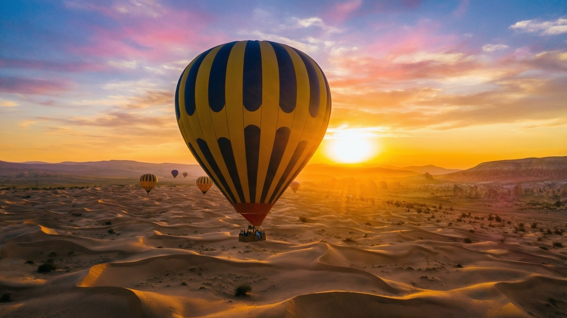 yellow and blue striped hot air balloon, golden dunes, sunset, Full HD Desktop Wallpaper