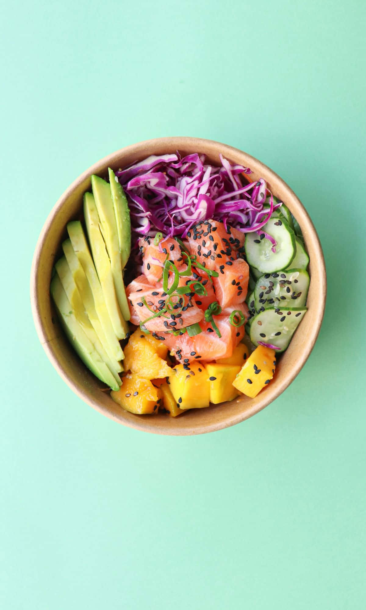salmon mango avocado and cucumber salad, wooden bowl, mint green background, Full HD Phone Wallpaper