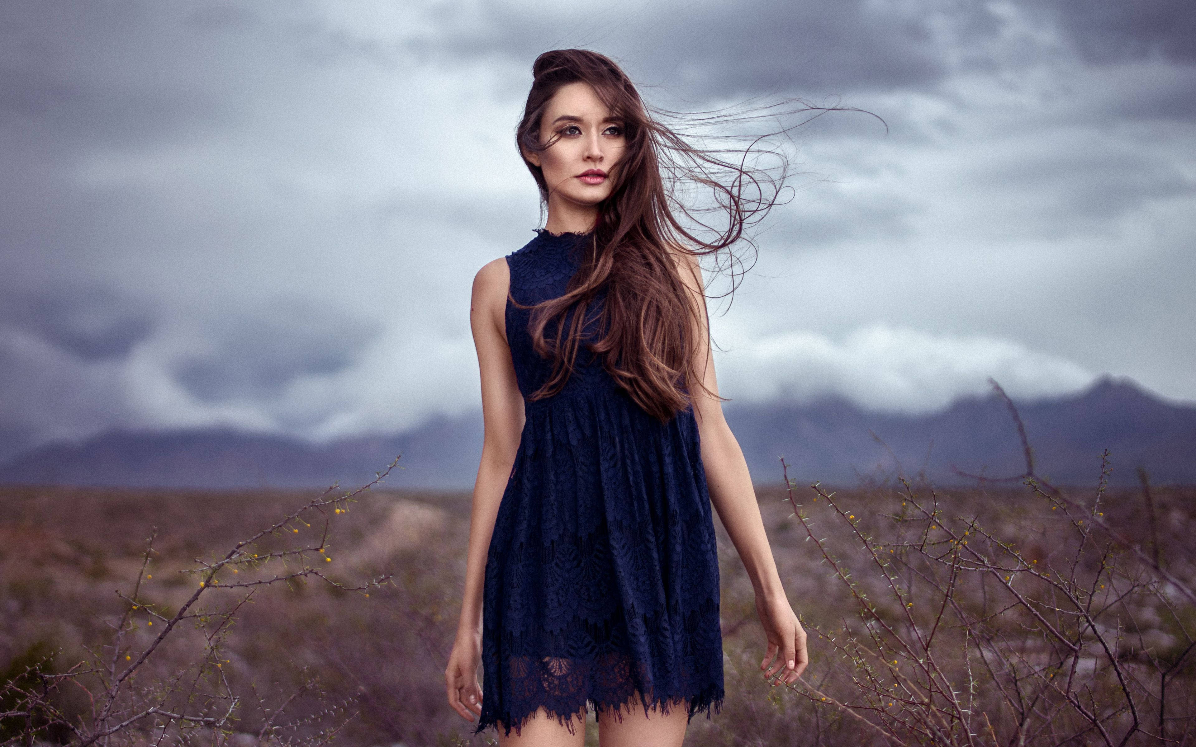 mature woman, navy lace dress, windswept desert, 4K Desktop Wallpaper