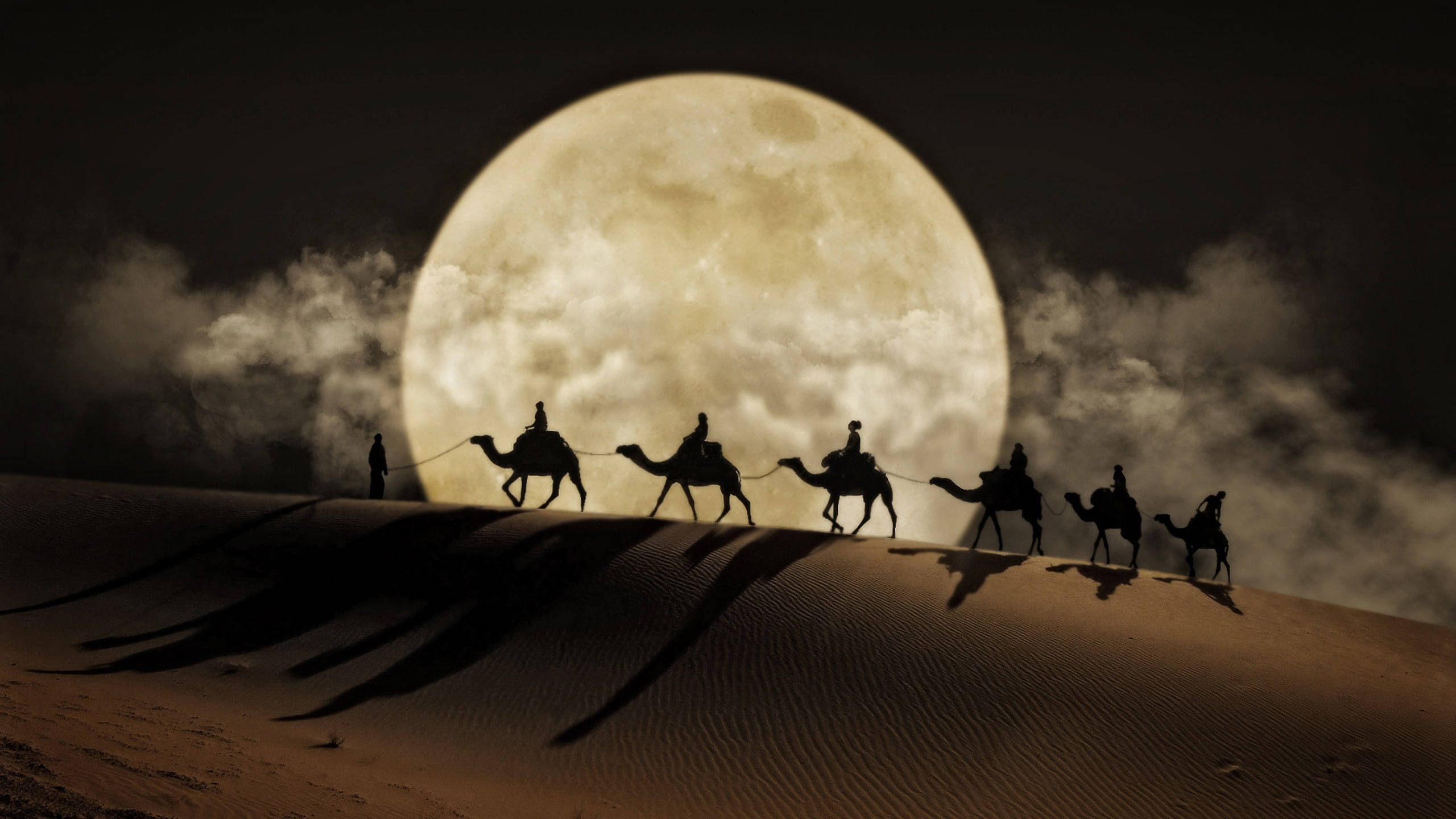 camel silhouettes, desert dune, glowing full moon, 2K Desktop Wallpaper