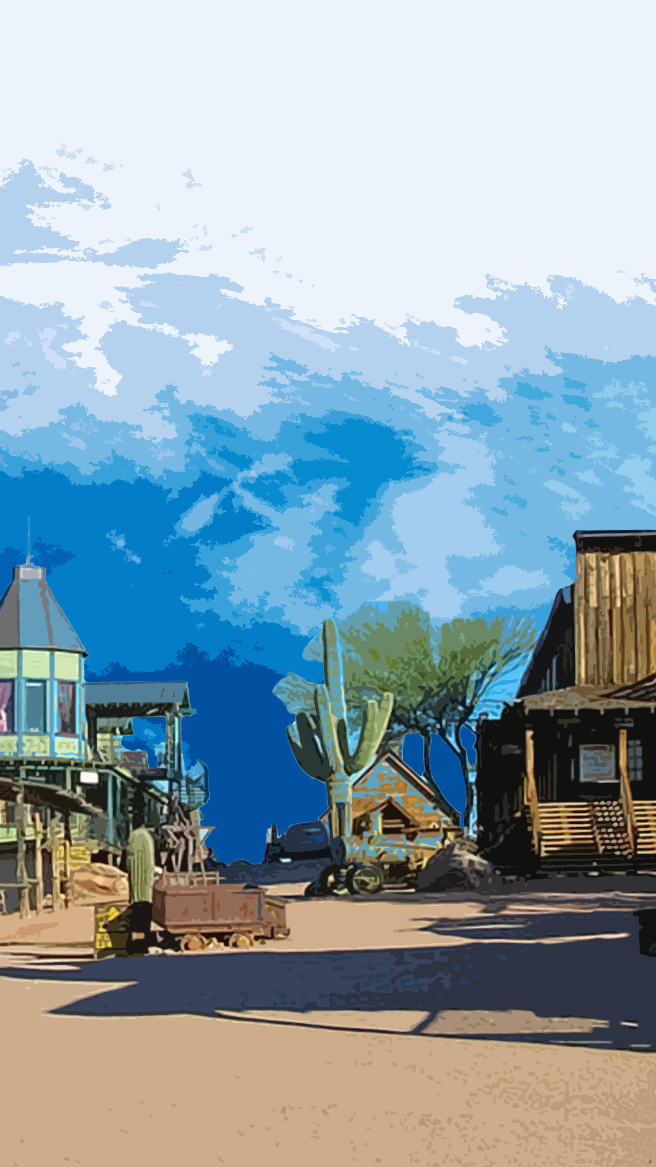 western aesthetic, sky town, wooden buildings, 4K Phone Wallpaper