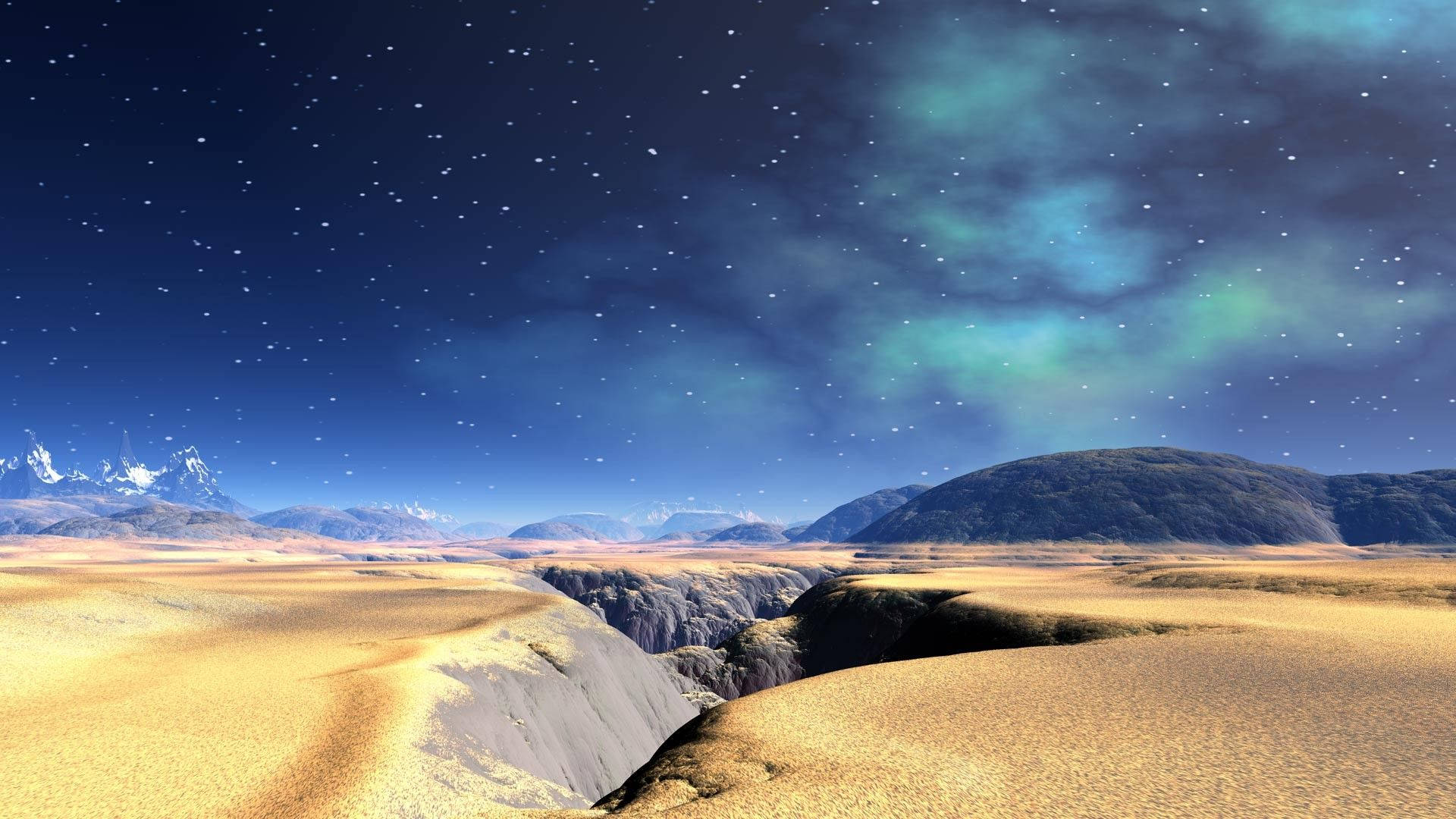 starry night sky, glowing auroras, vast desert canyon, Full HD Desktop Wallpaper