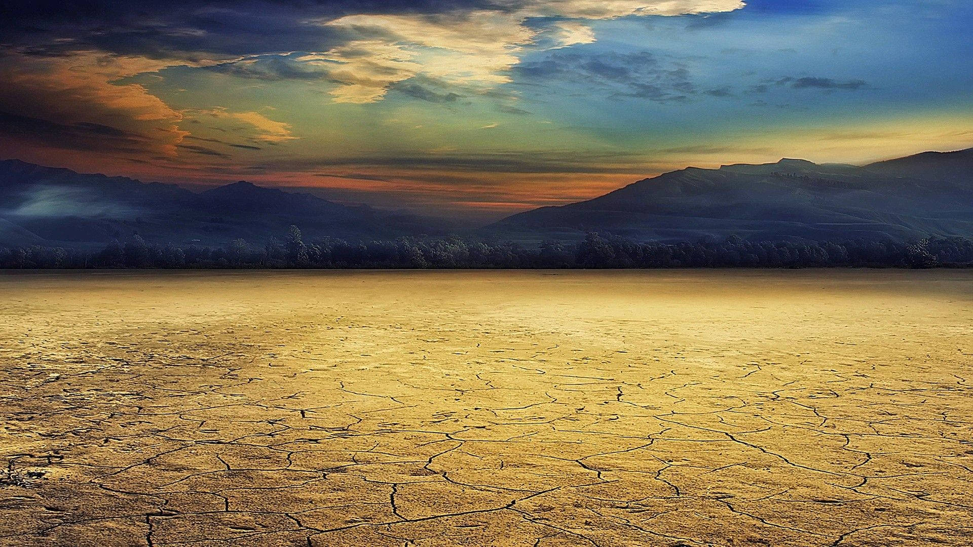 desert, sunset, cracked earth, Full HD Desktop Wallpaper