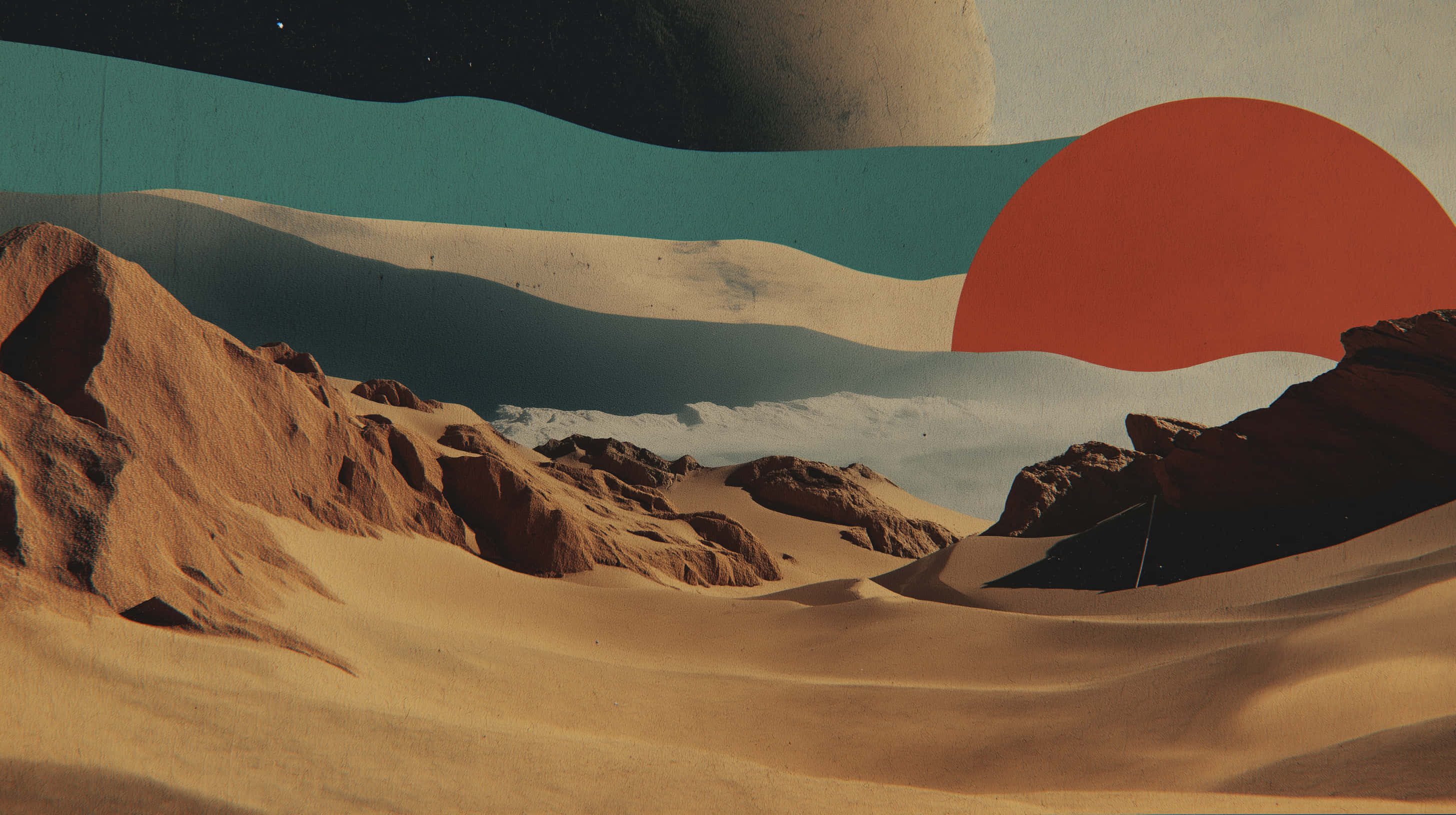 abstract desert landscape, rolling sand dunes, stylized sky, 2K Desktop Wallpaper