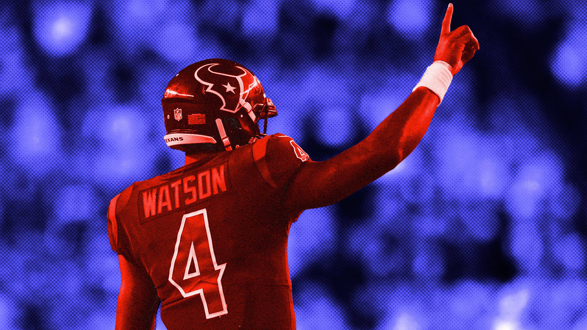 Deshaun Watson, red jersey number 4, vibrant blue blurred stadium crowd, Full HD Desktop Wallpaper