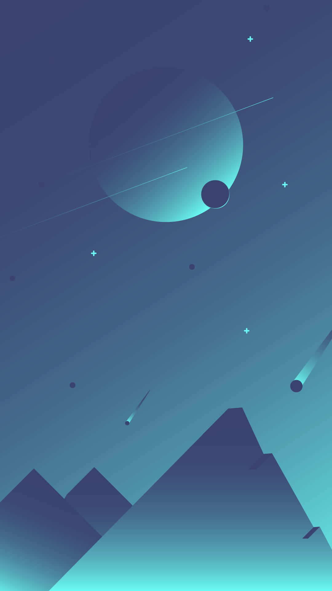 teal sky, geometric mountains, glowing orbs, Full HD Phone Wallpaper
