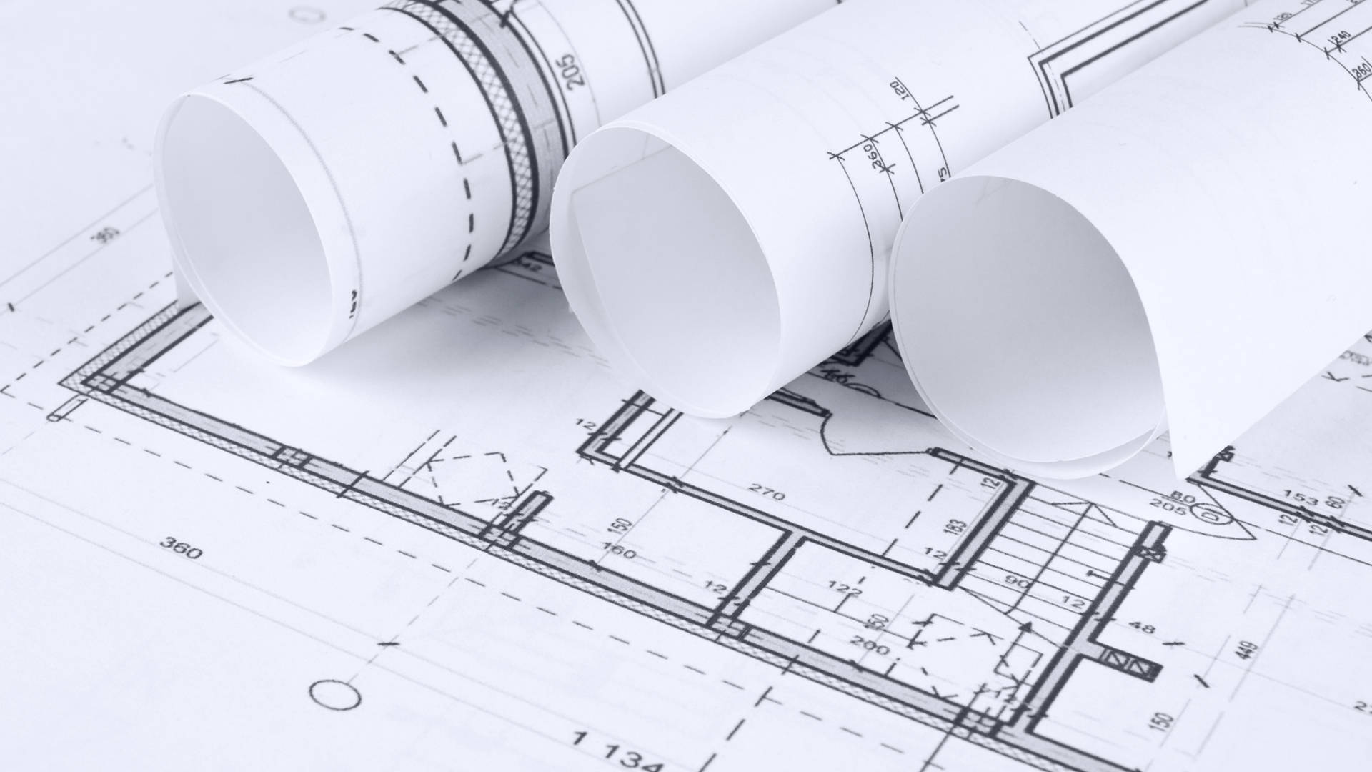 rolled civil engineering blueprints, detailed floor plan, precise technical lines, Full HD Desktop Wallpaper