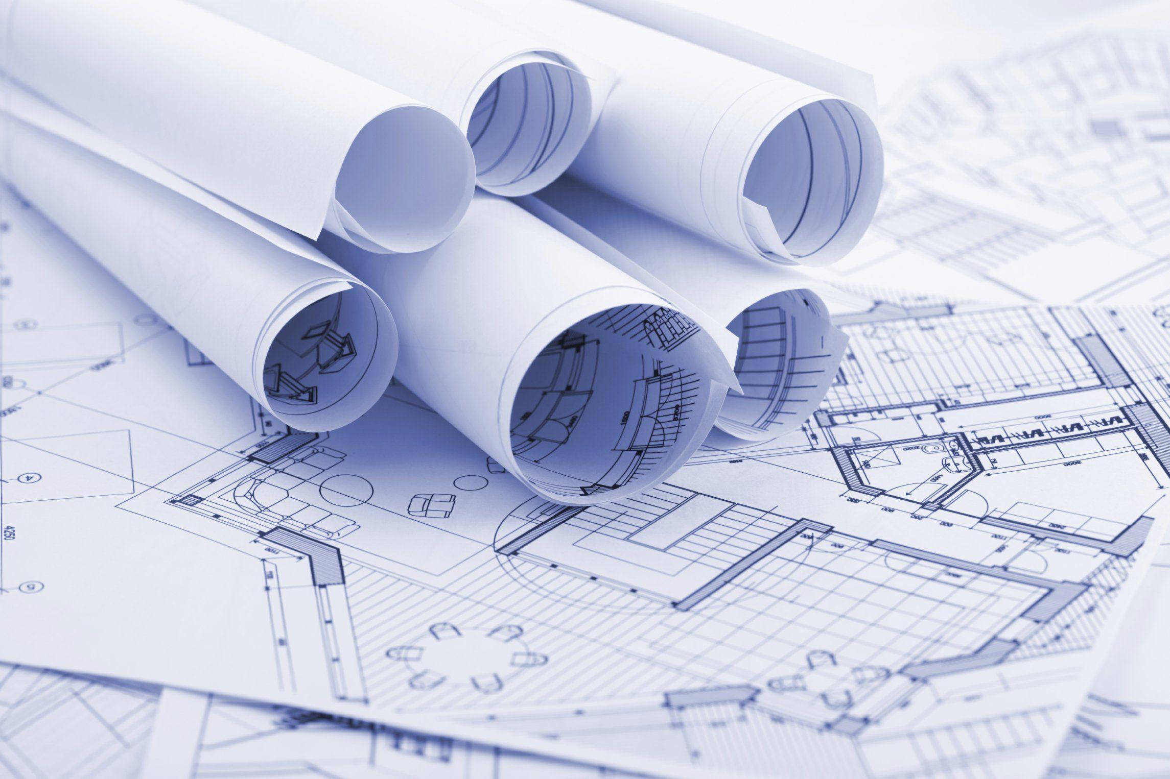 rolled blueprints, architectural blueprints, cool blue tones, Full HD Desktop Wallpaper