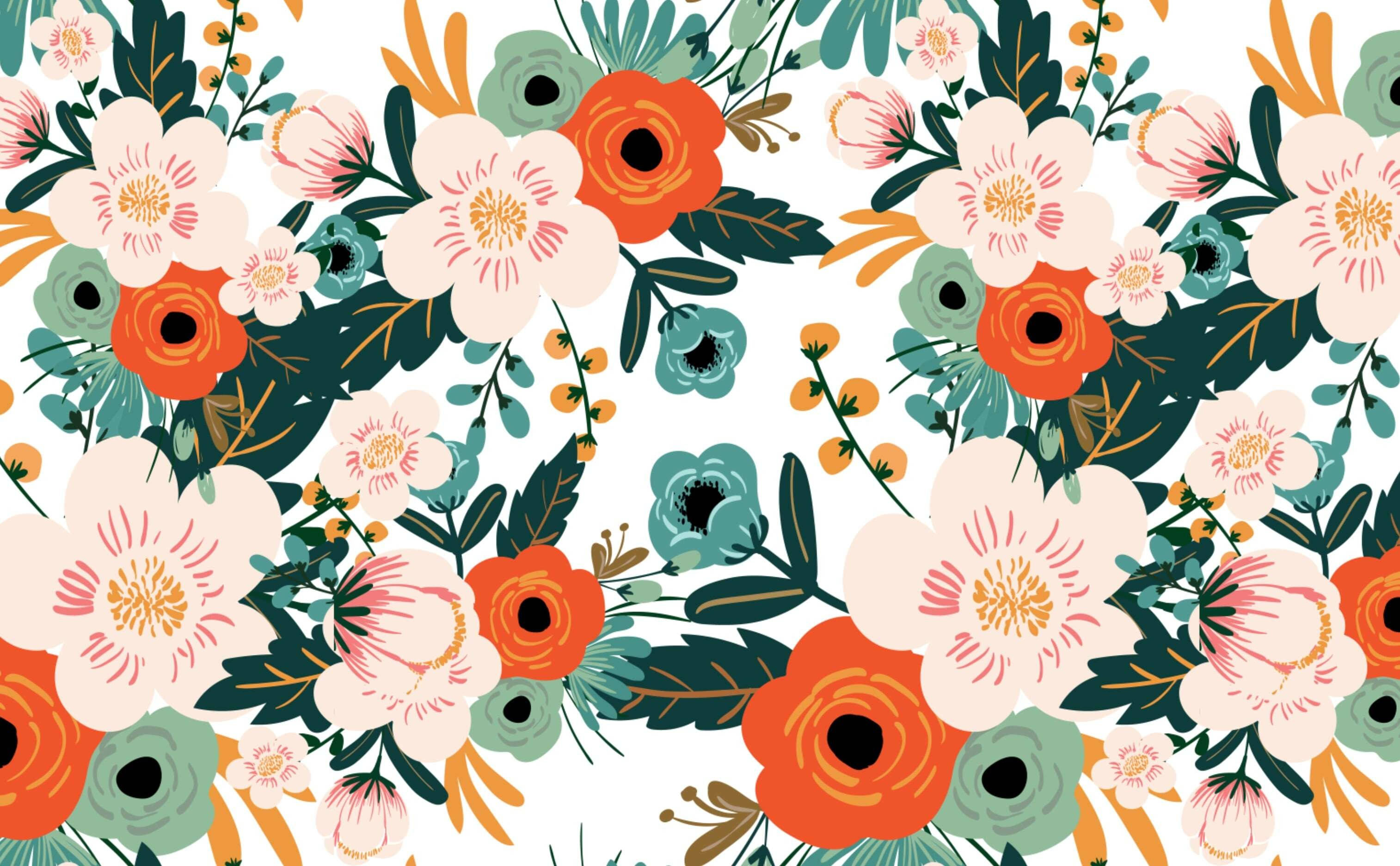 bright floral design, vibrant illustrated floral pattern, bold orange pink and teal blooms, 2K Desktop Wallpaper