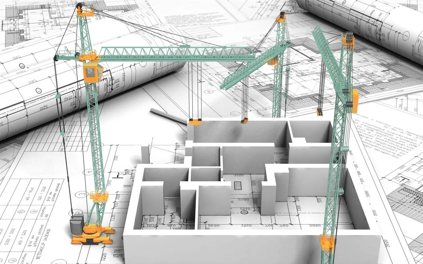 green construction cranes, 3d model of a building under construction, architectural blueprints, HD Desktop Wallpaper