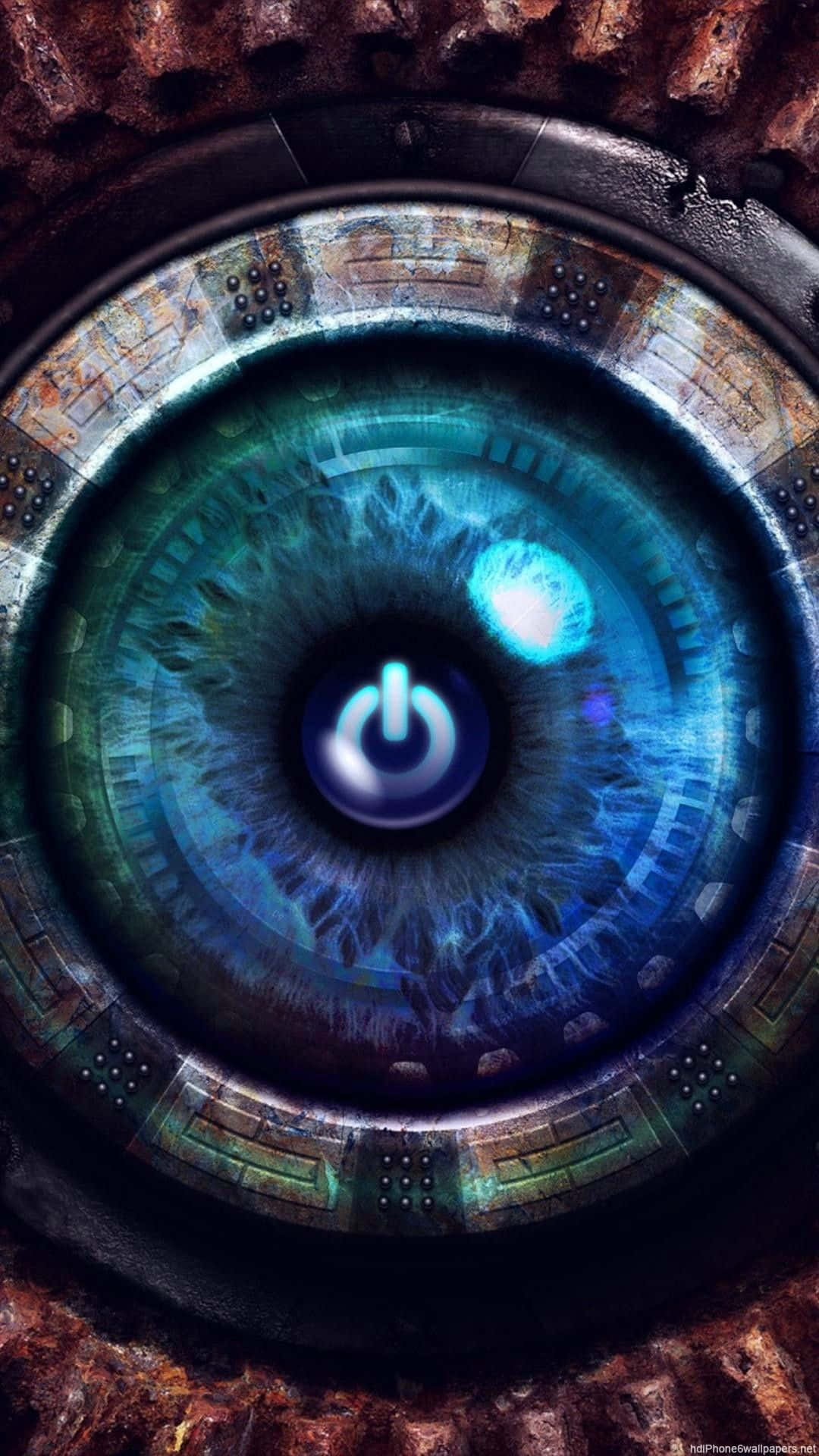 Designer iPhone, glowing blue power button, cybernetic eye, Full HD Phone Wallpaper