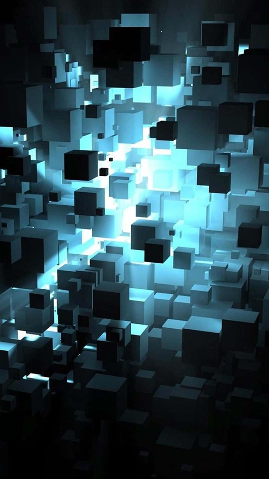 Designer iPhone, glowing blue light, floating dark cubes, Full HD Phone Wallpaper