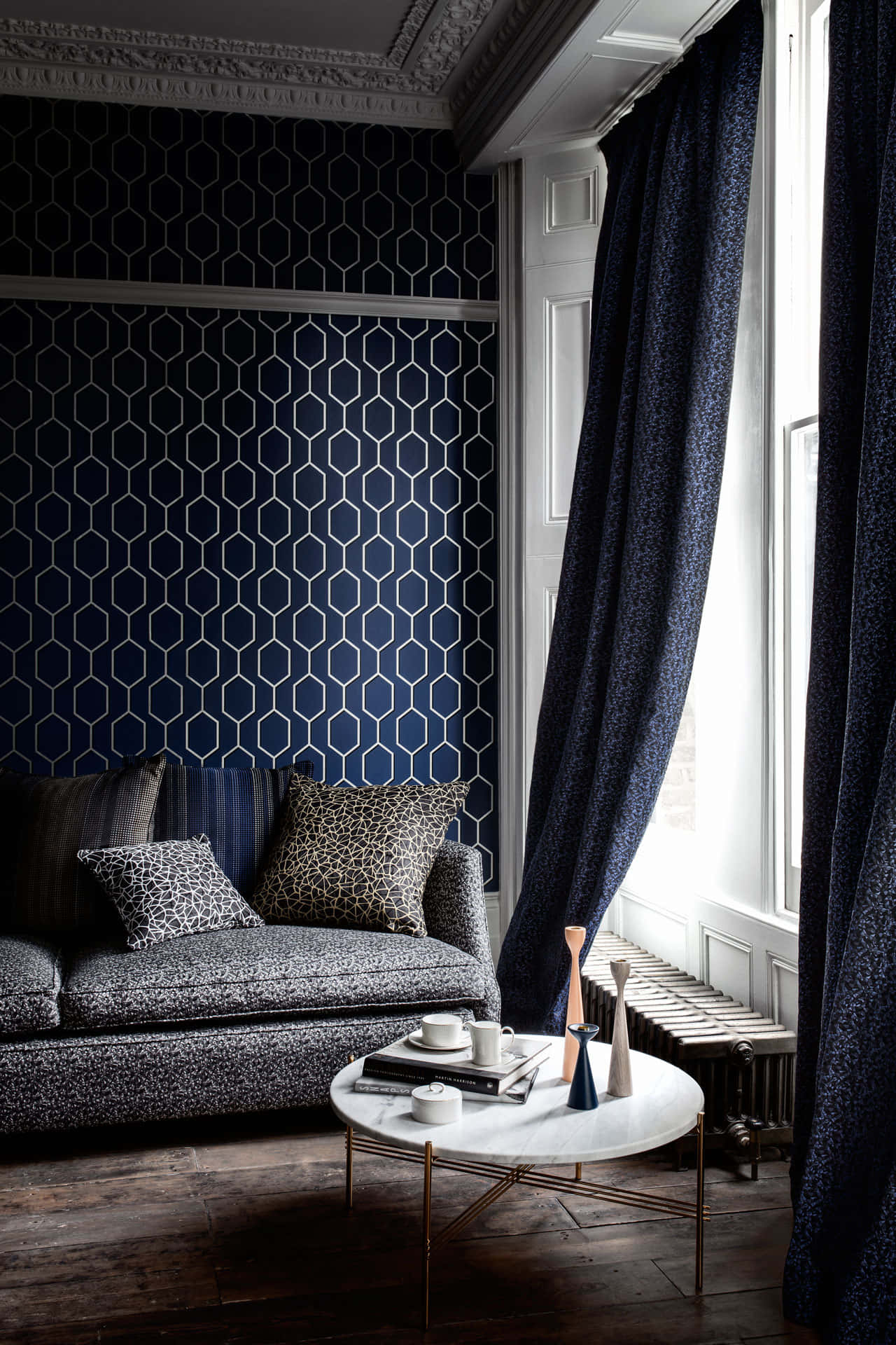 dark blue, hexagonal wallpaper, sophisticated living room, Full HD Phone Wallpaper