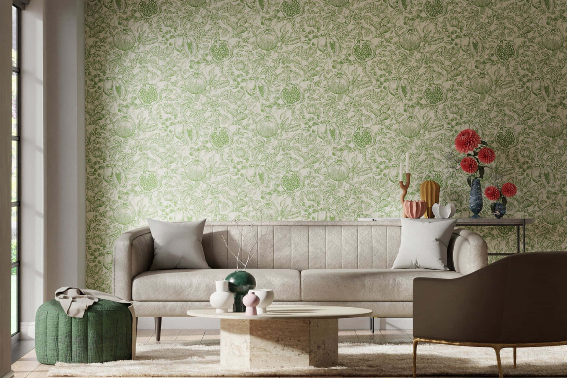 beige sofa, green botanical wallpaper, red floral accents, Full HD Desktop Wallpaper