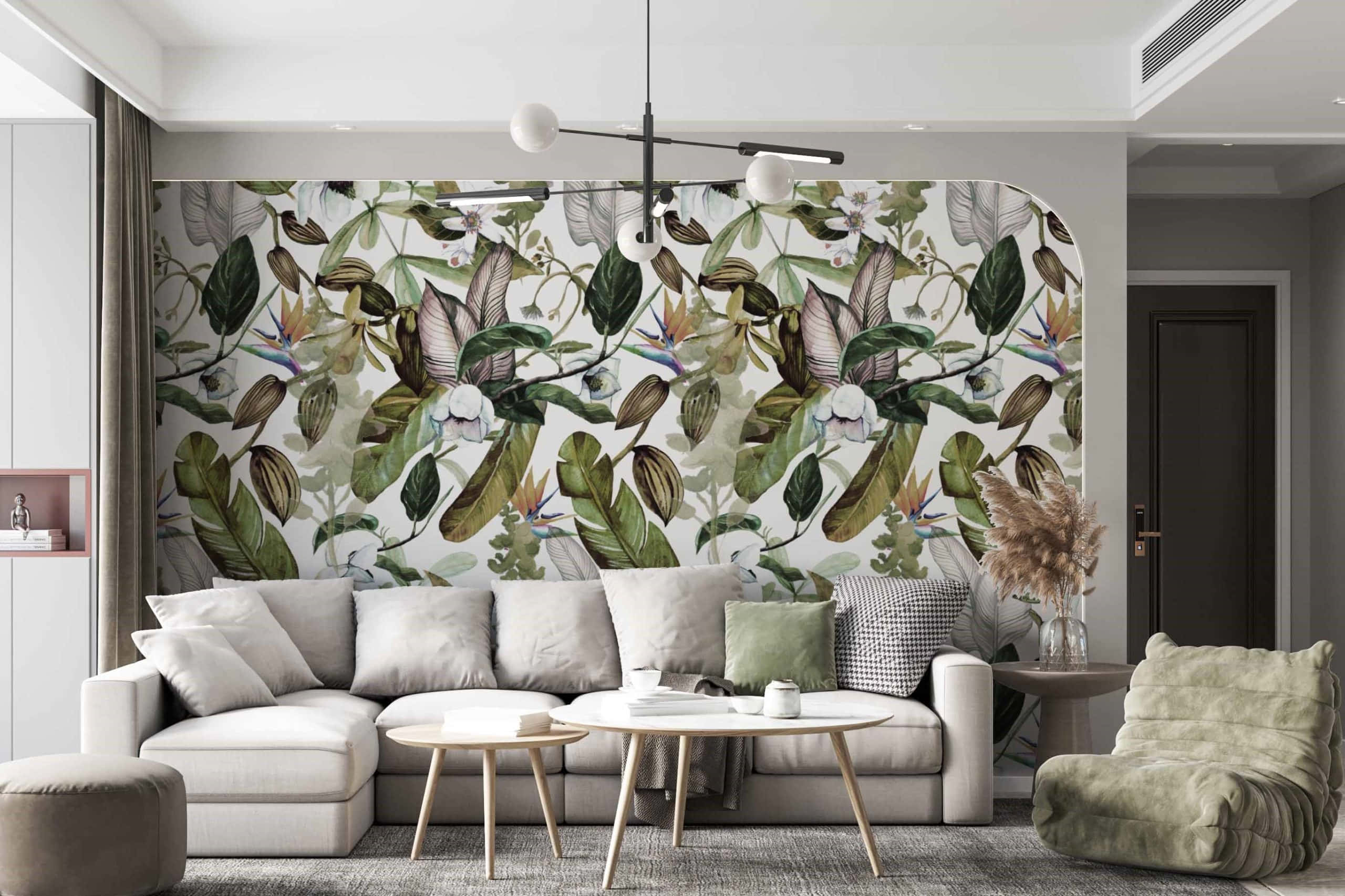 green leafy designer, botanical wallpaper mural, lush green leaves, 2K Desktop Wallpaper