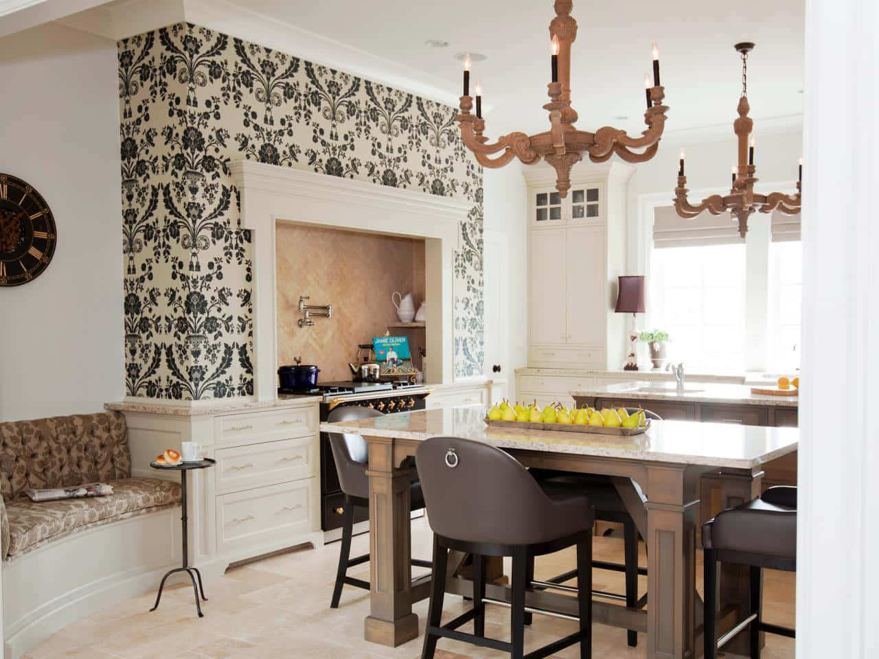 dining area light designer, black and white damask wallpaper, wooden chandeliers, HD Desktop Wallpaper