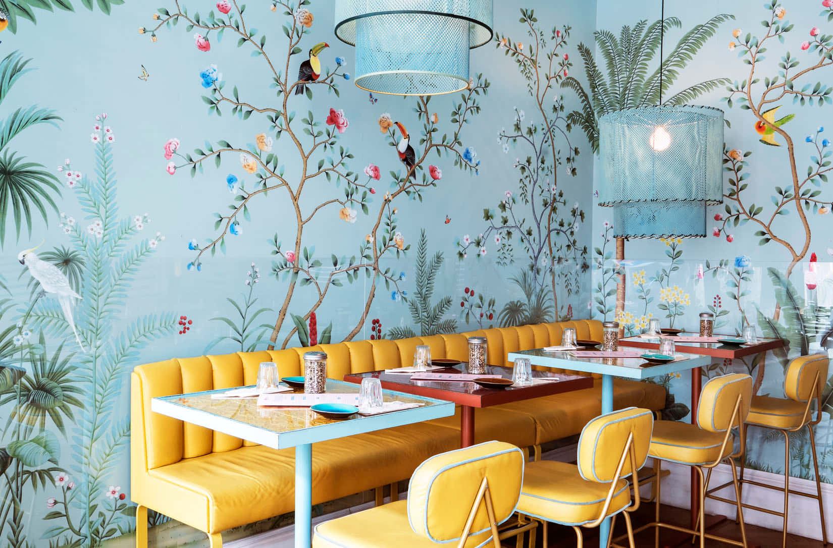 Designer Wall Dining Area, vibrant yellow booth seating, wall mural, HD Desktop Wallpaper