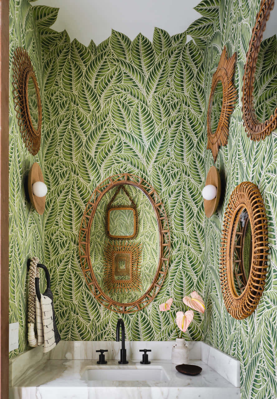 Green 3D Leaf Designer, lush green leaf-patterned wallpaper, woven rattan mirrors, HD Phone Wallpaper