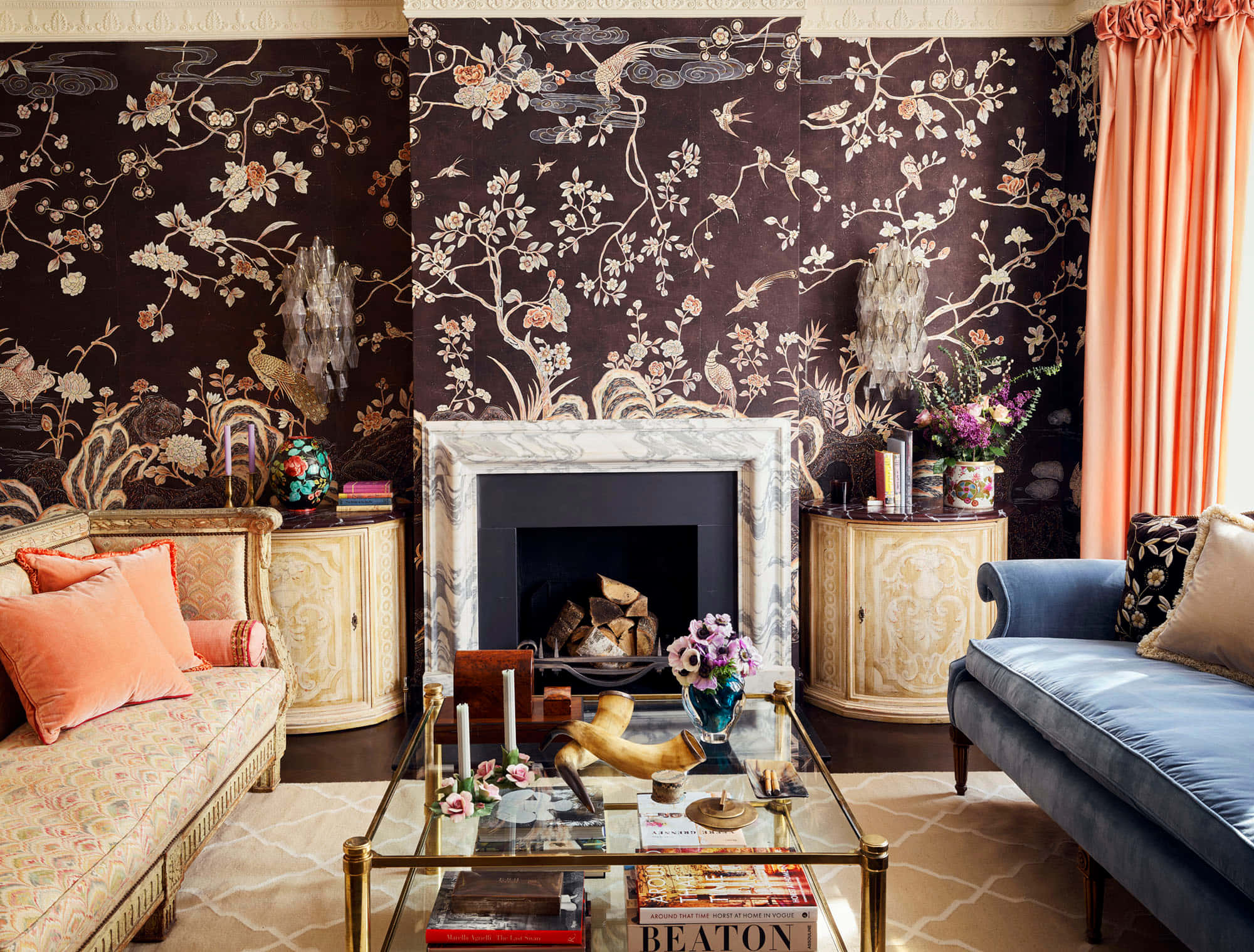 dark floral wallpaper, marble fireplace, coral curtains, Full HD Desktop Wallpaper