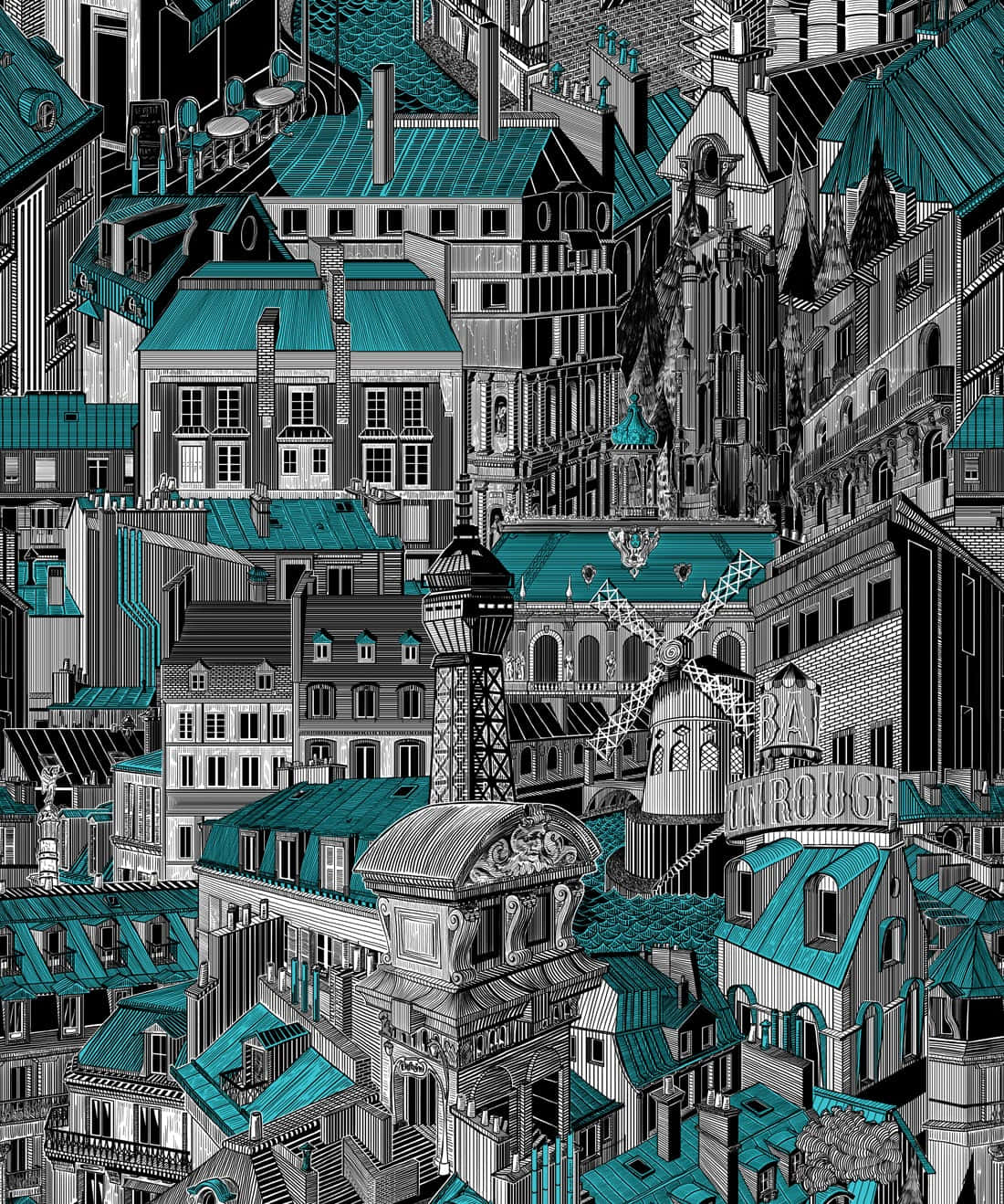 Crowded Houses, teal roofs, black and white buildings, HD Phone Wallpaper