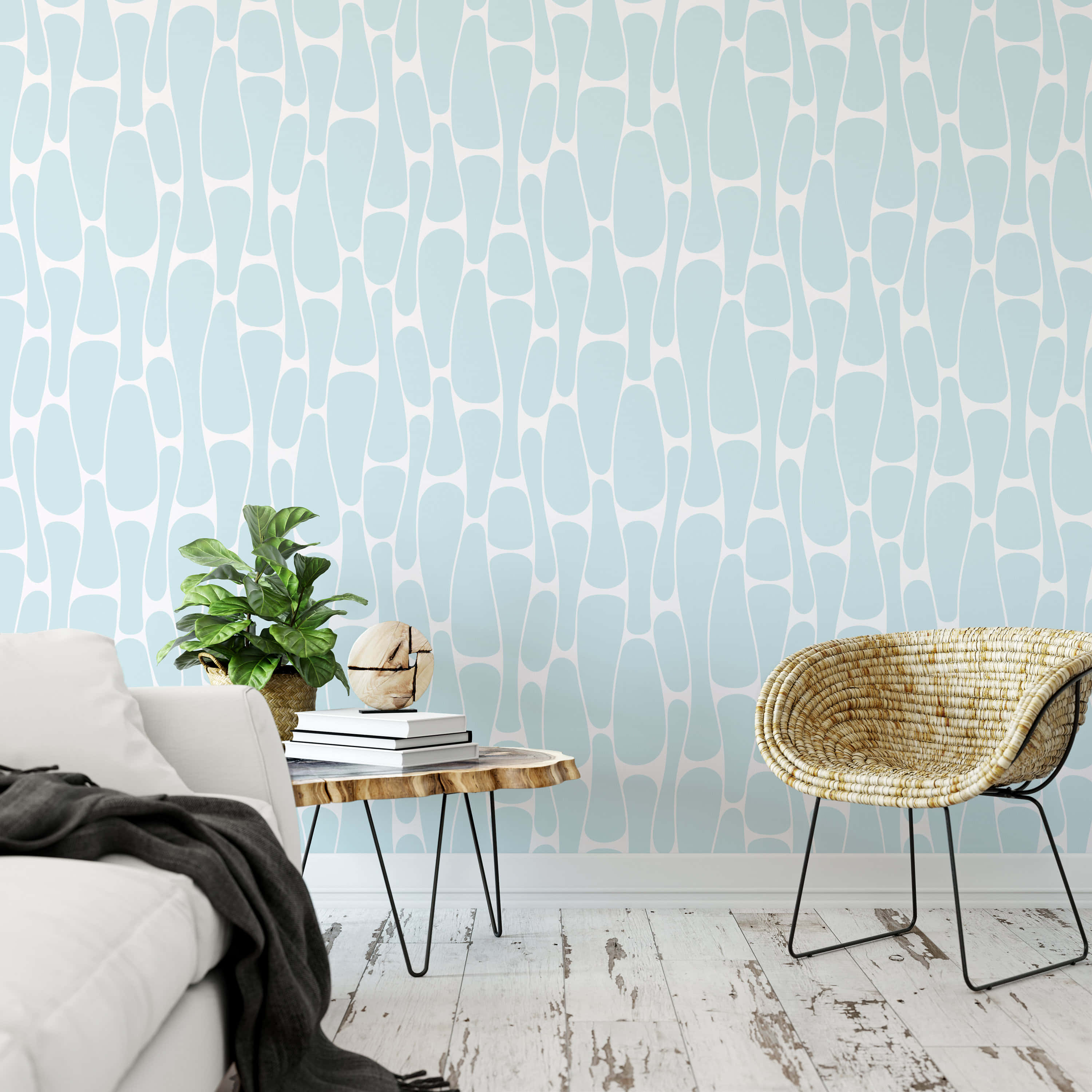 light blue, abstract white organic shapes, white sofa, 2K Desktop Wallpaper