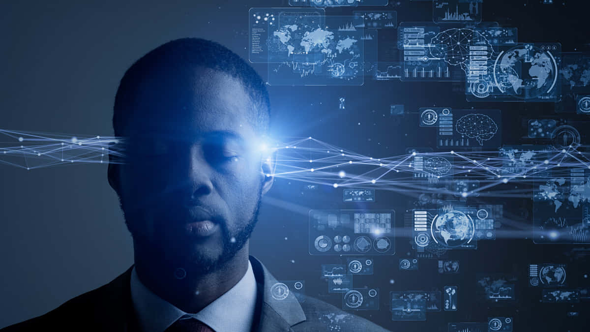 Competent Thinker, glowing blue data streams, holographic interfaces, SD Desktop Wallpaper