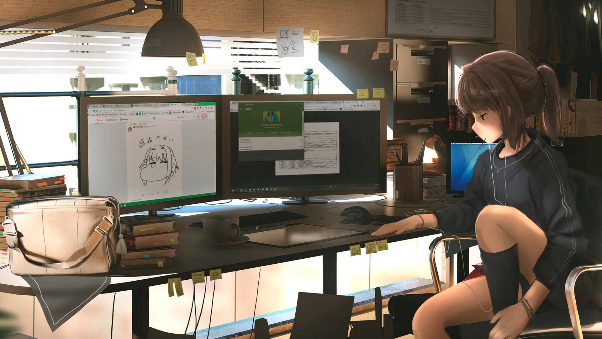 Working Girl Desk, dual monitors, digital art, Full HD Desktop Wallpaper