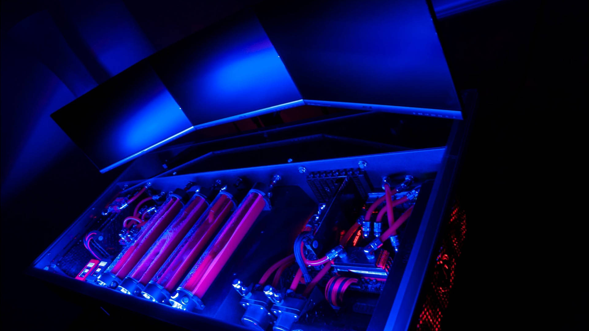 vaporwave, three monitors desk, blue LED lights, Full HD Desktop Wallpaper