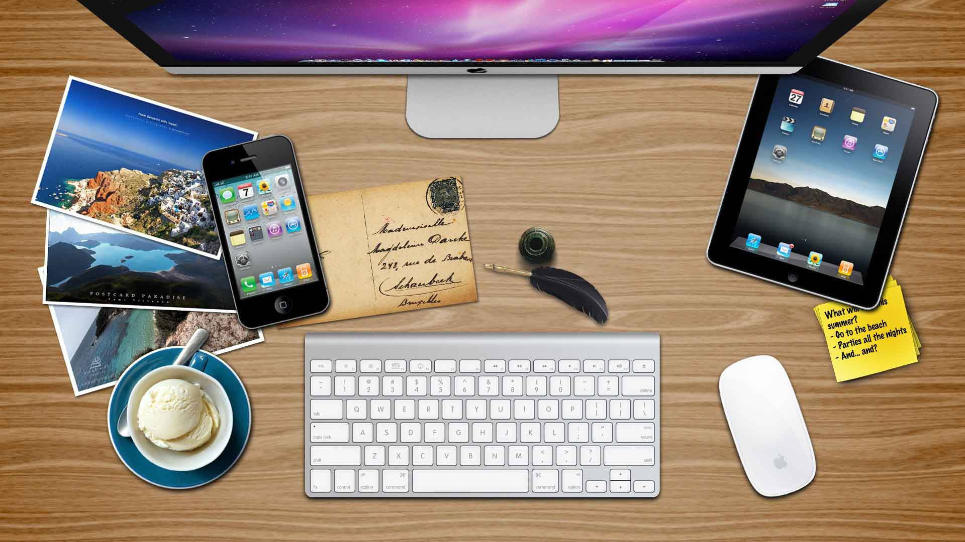 wooden office desk, keyboard, mouse, Full HD Desktop Wallpaper