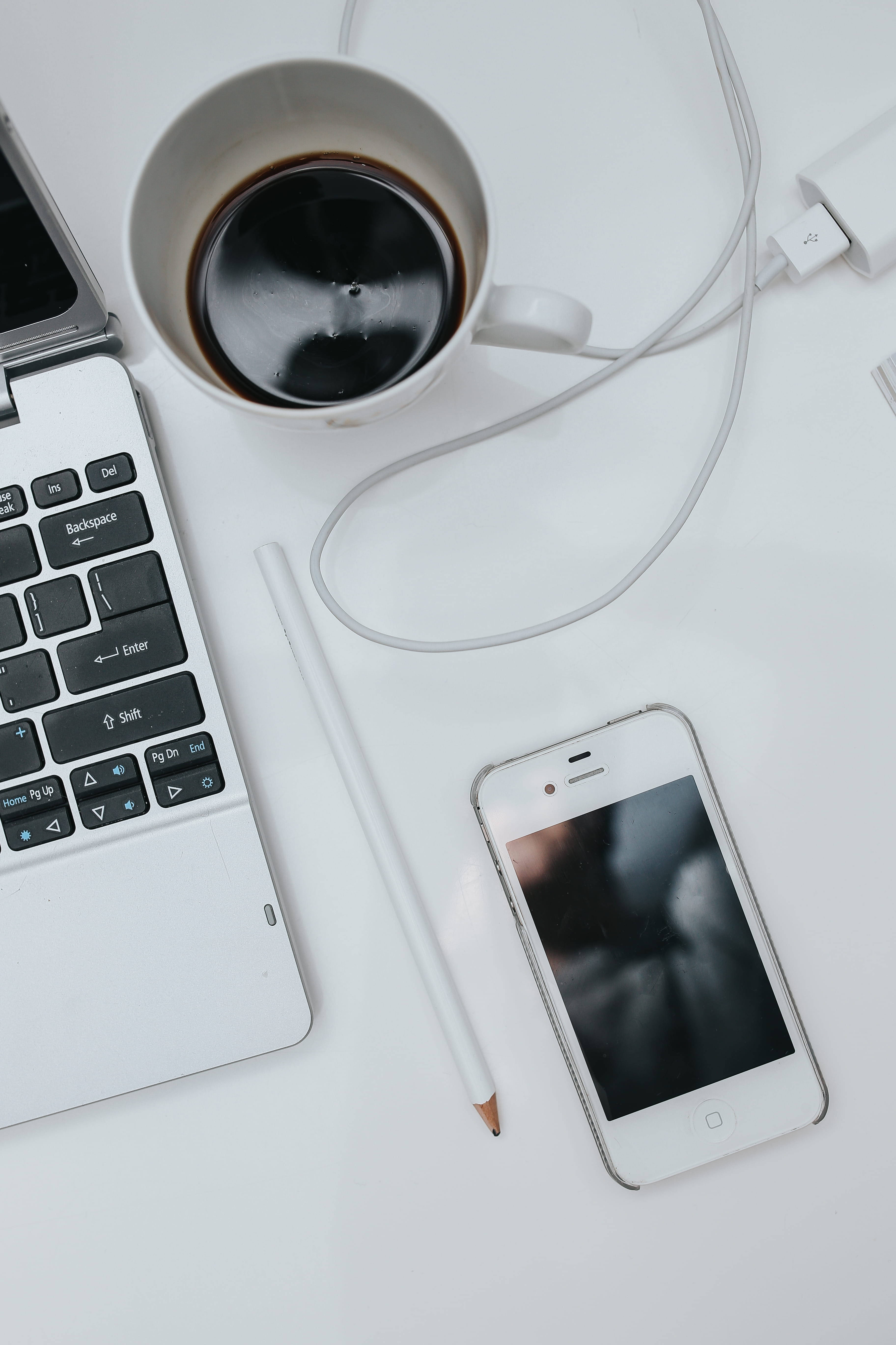 white iPhone, minimalist white desk, laptop, 5K Phone Wallpaper