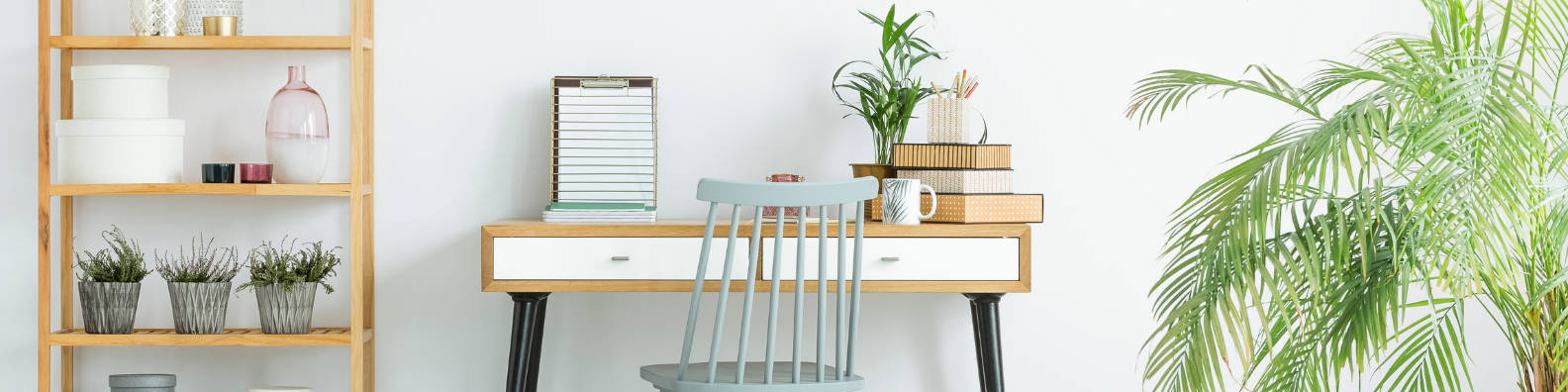 wooden desk, light blue chair, lush green plants, HD Desktop Wallpaper