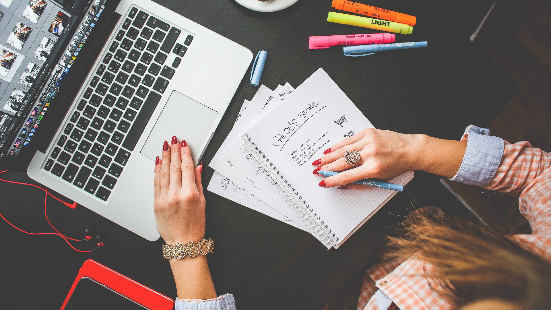colorful student desk, red nails, dark desk, Full HD Desktop Wallpaper