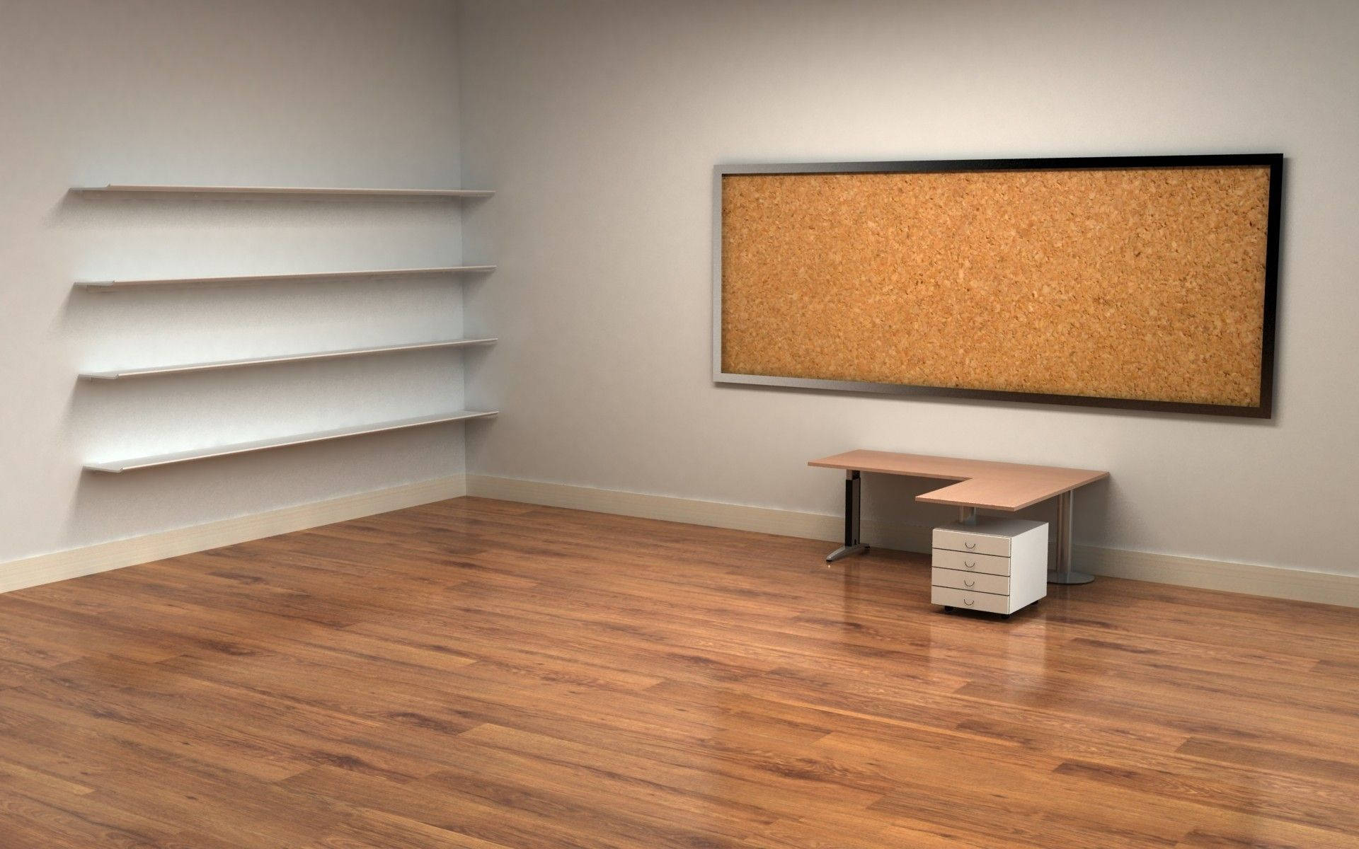 empty office desk, wooden floor, corkboard desk, Full HD Desktop Wallpaper